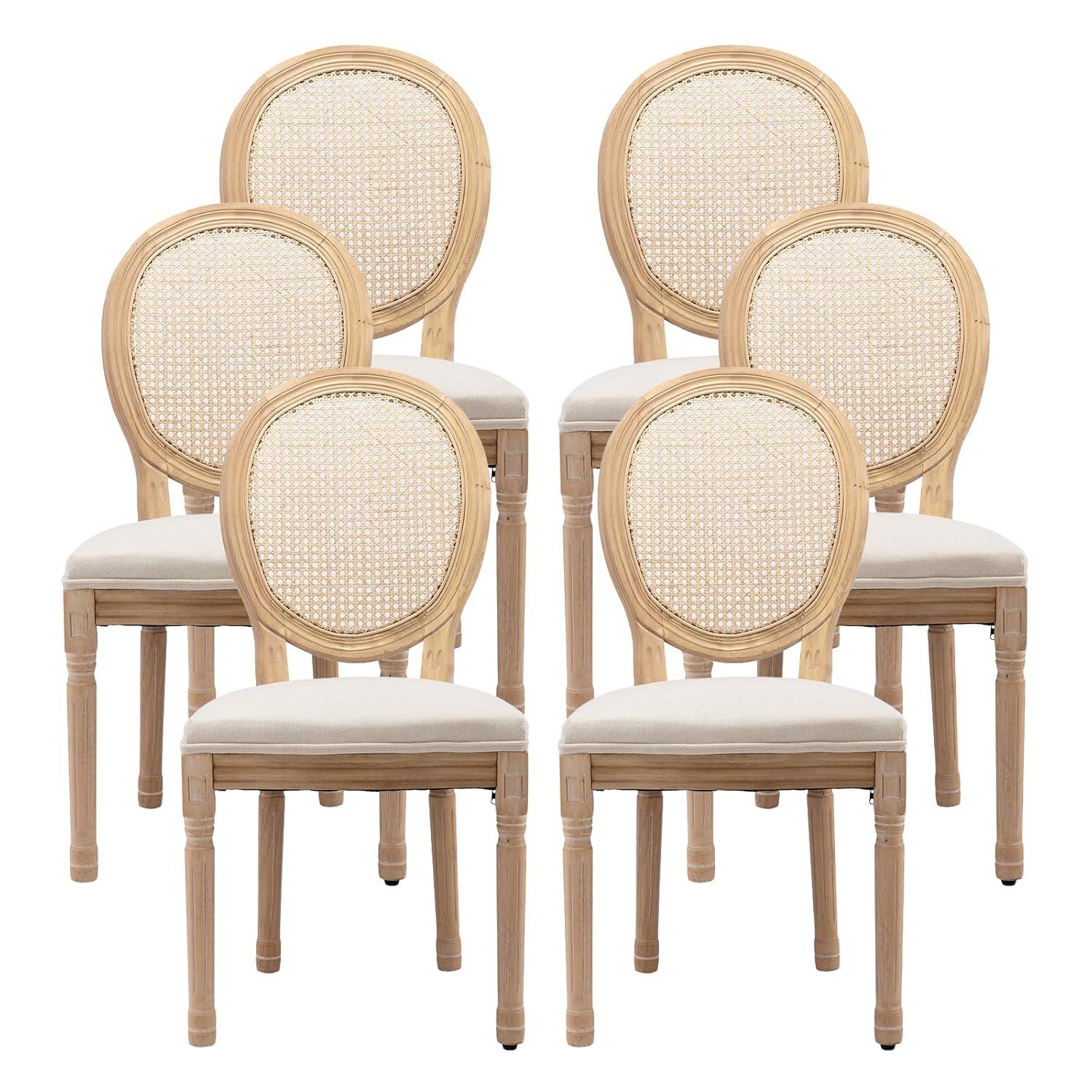 One Allium Way® French Style Rattan Back Solid Wood Upholstered Dining Chairs(Set of 6)