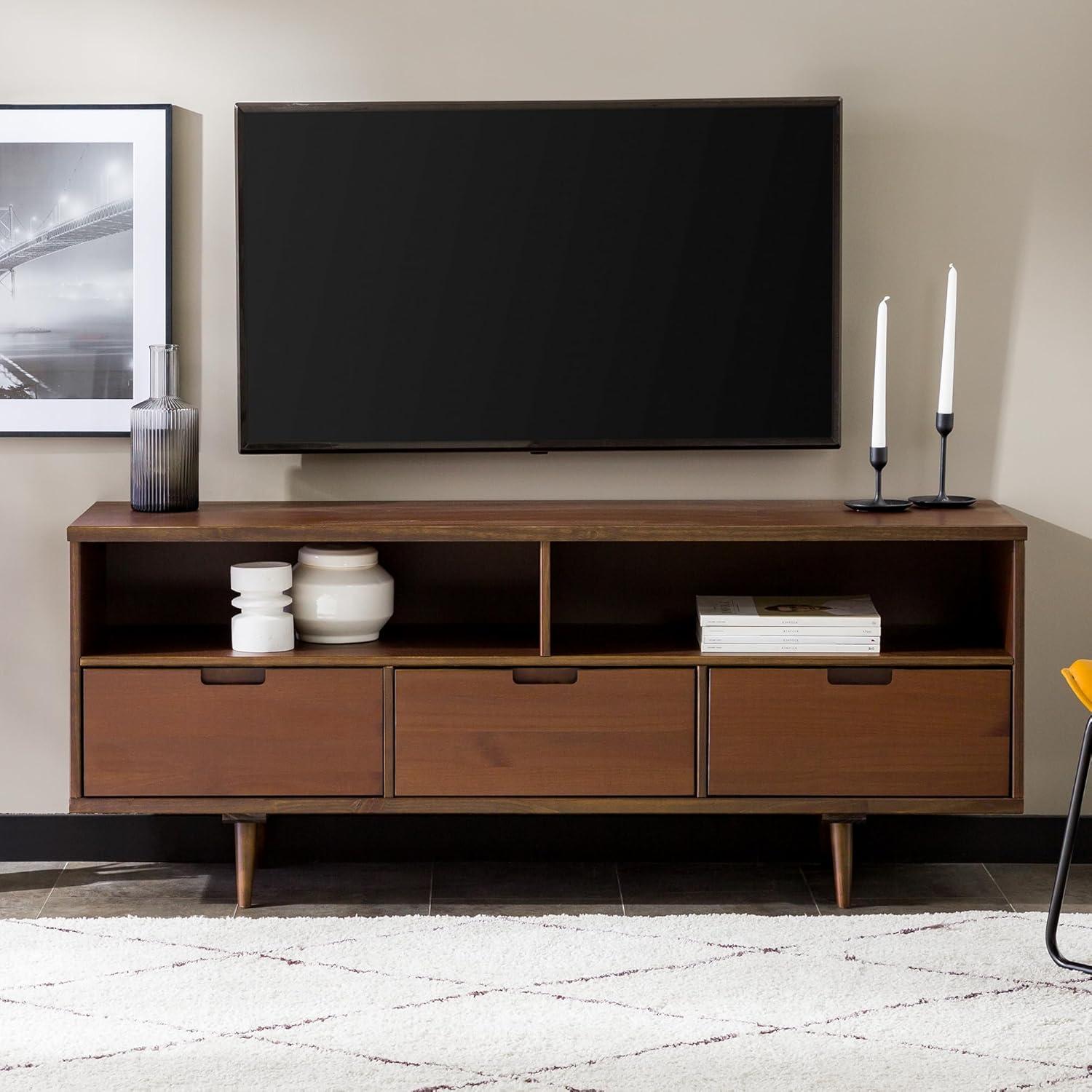 Mid-Century Modern 58" Walnut TV Stand with 3 Drawers and Open Shelves