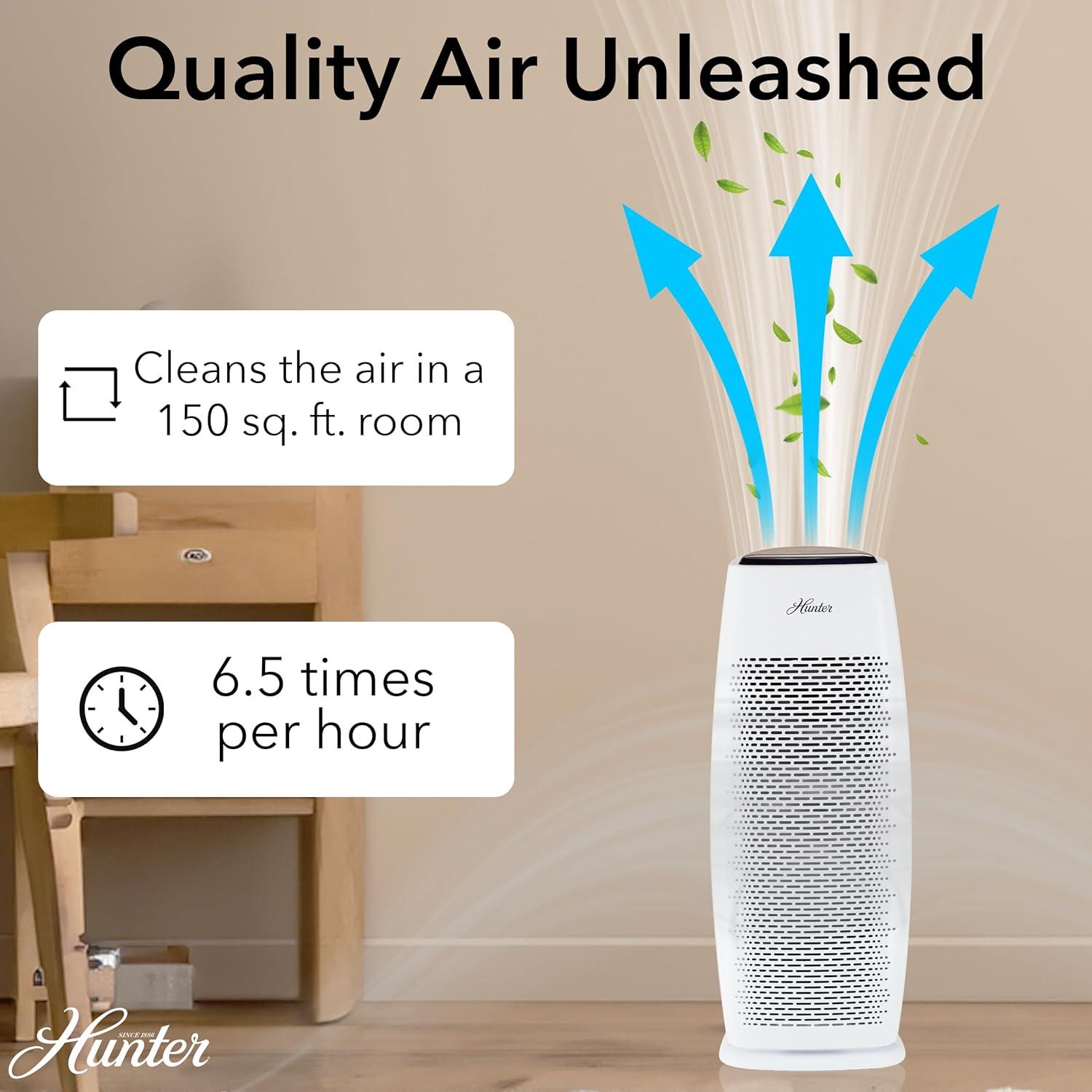 Hunter HP600 Air Purifier. True HEPA Air Purifier Tower for Pets, Odors, Allergens, Smoke, Dust, VOC's. 3 Fan Speeds, Sleep Timer