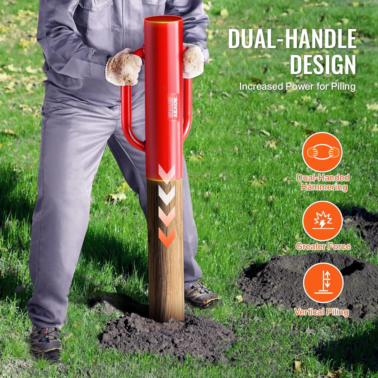 VEVOR Fence Post Driver with Handles, 4.11 in Inner Diameter T Post Pole Pounder, 22LB Heavy Duty Carbon Steel Hand Post Rammer, Farm Fencing Hole Digger for U Channel, Sign Pole, Wooden Post, Red