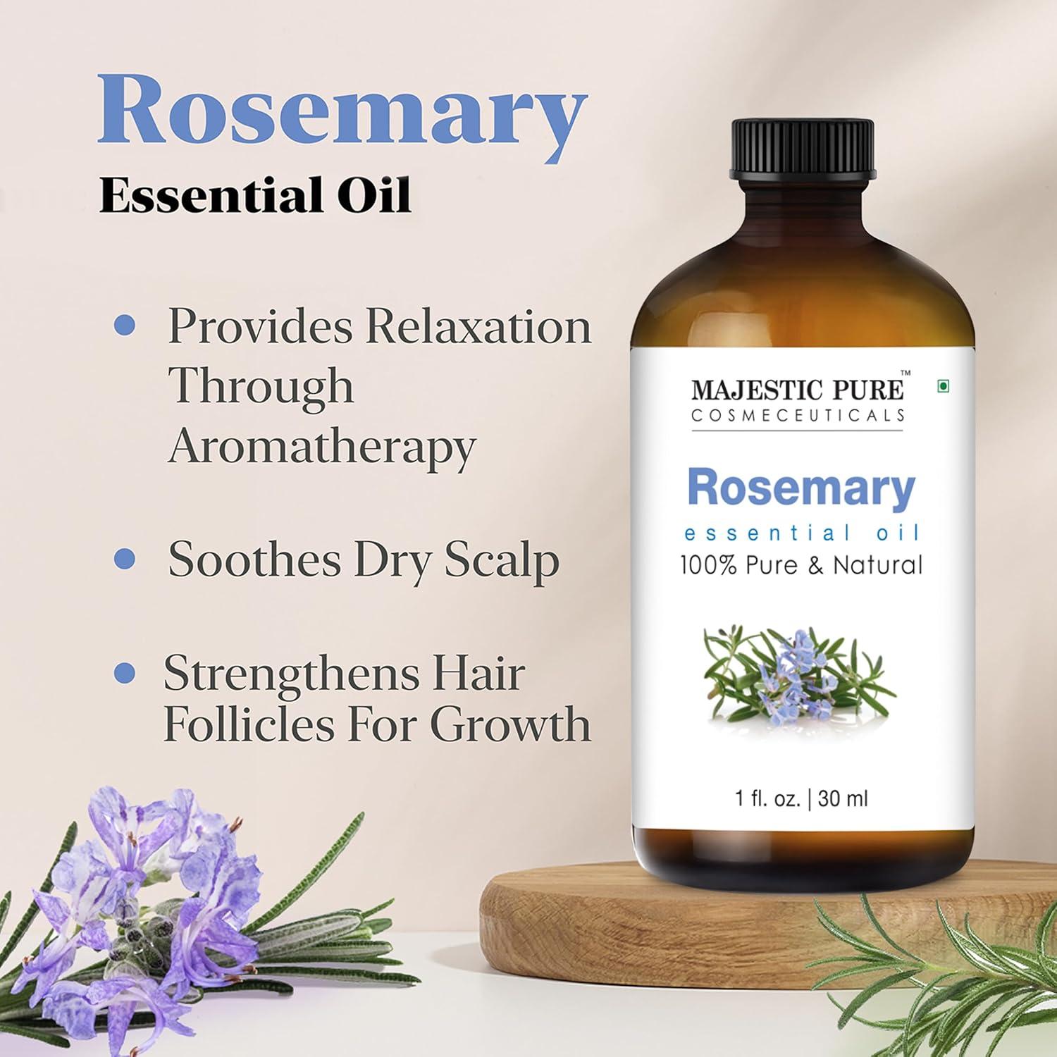 Majestic Pure Rosemary Essential Oil with Glass Dropper - 1 Fl Oz - 100% Pure and Natural Rosemary Oil - Premium Grade Essential Oils for Diffuser, Aromatherapy, Soap and Candle Making