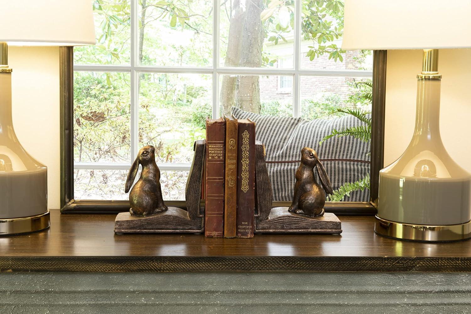 Rustic Bronze Resin Rabbit Bookends on Books, Set of 2