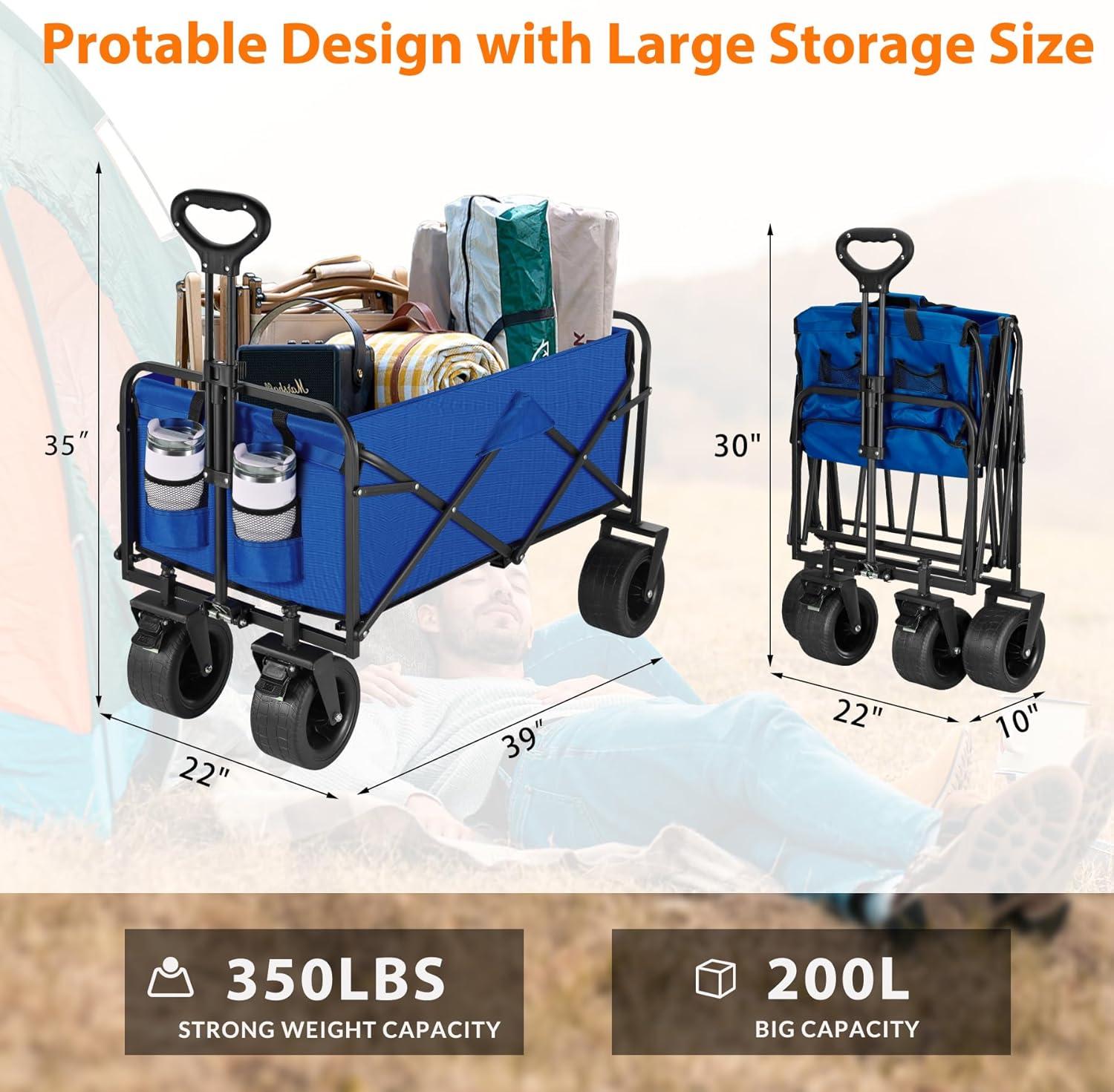 Clearance! Outdoor Utility Wagon Cart with Cup Holdler, Large Capacity Folding Wagon Garden Shopping Beach Cart,Heavy Duty Foldable Cart, for Outdoor Activities, Beaches, Parks, Camping (Blue)