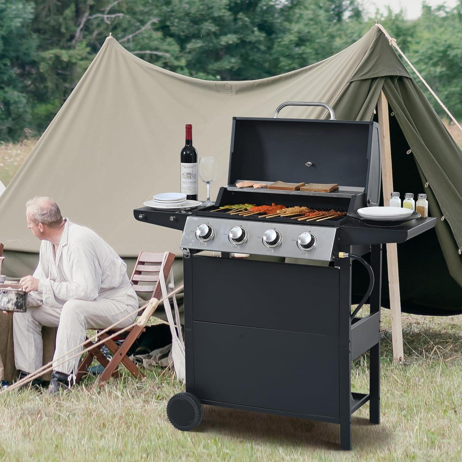 Propane Grill 4 Burner, 34,200 BTU Stainless Steel Gas Grill with Porcelain-Enamel Cooking Grates, Integrated Ignition System, and Built-in Thermometer for Outdoor BBQ