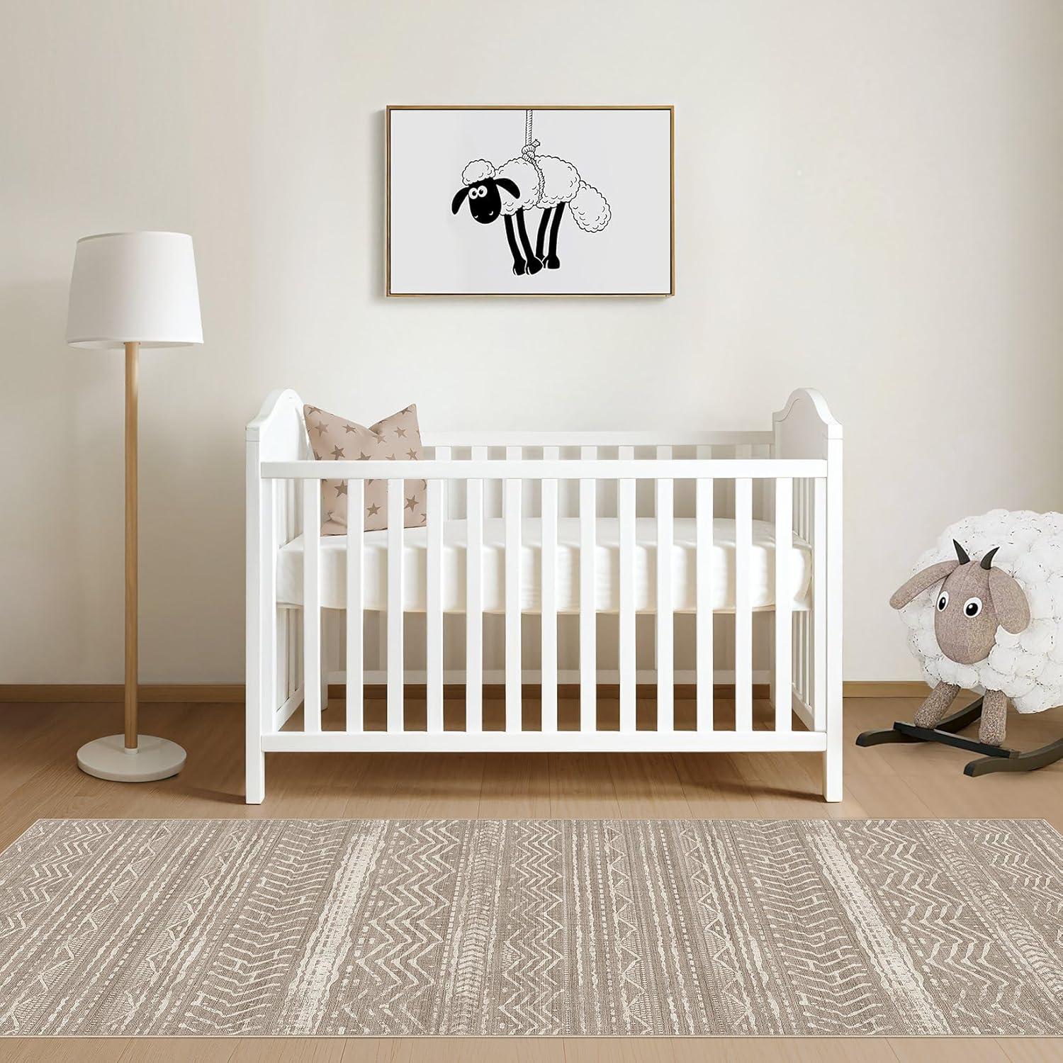 FairOnly 9'x12' Brown White Area Rugs Machine Washable Vintage Rugs for Bathroom Geometric Moroccan Ultra-Thin Area Rugs for Family Room Living Room Carpet