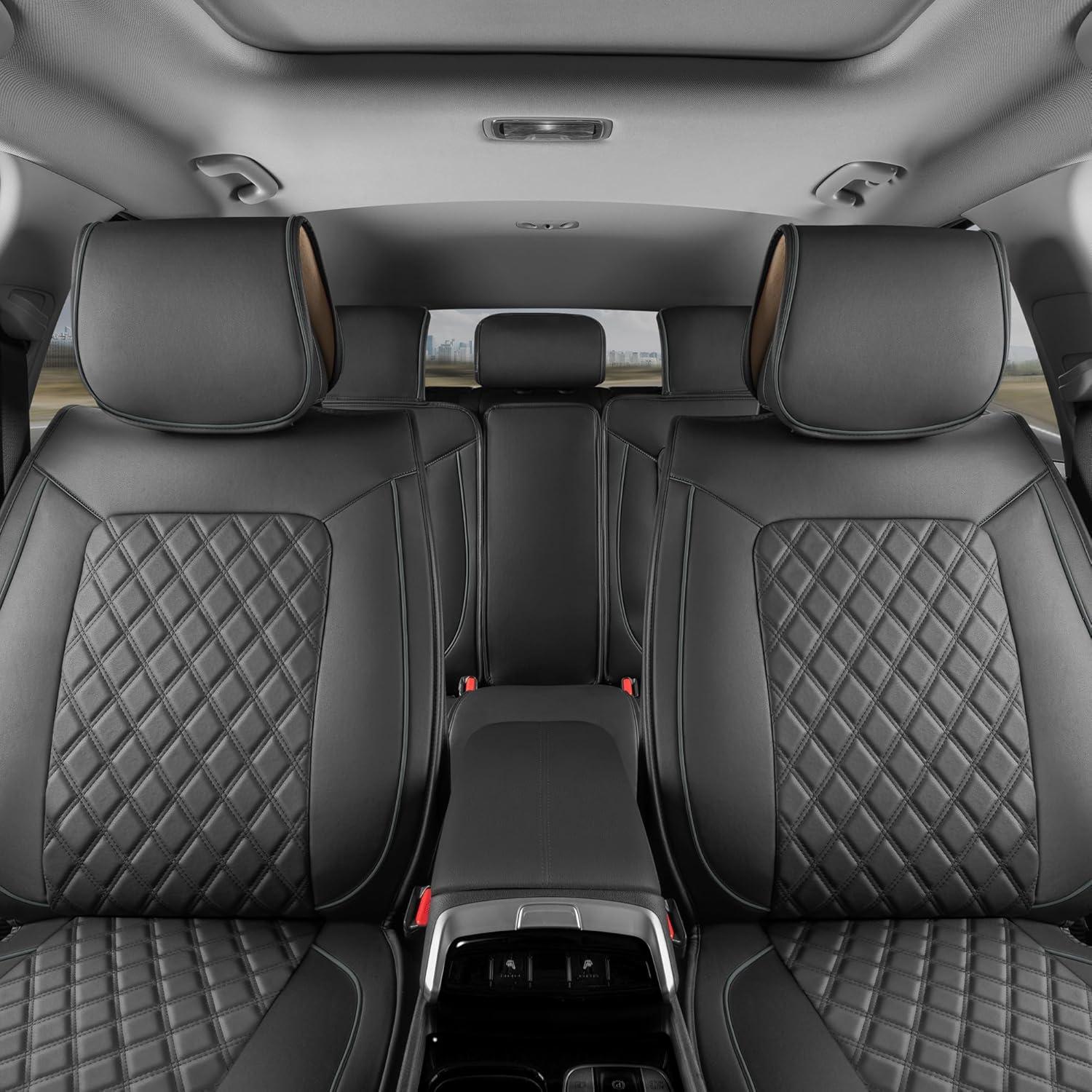 MotorBox Car Seat Covers Prestige Edition Faux Leather Black & Beige Seat Covers for Car Diamond Stitched Cushioned Seat Protectors for Auto, Trucks, SUV, Car Full Set