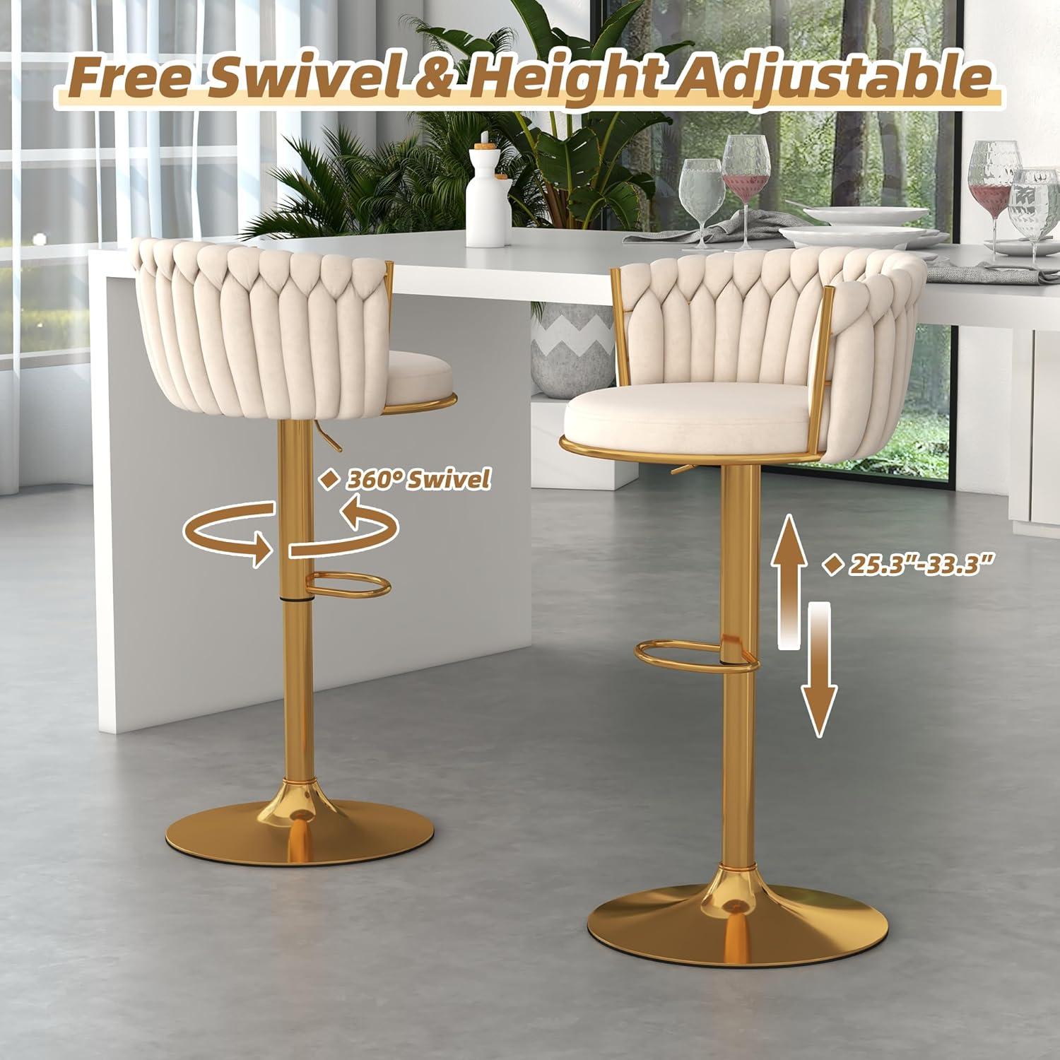 Counter Height Stools Set of 2, Velvet Bar Stools with 27 Inches Upholstered Seat Height, Handmade Woven Back Armrest, Sturdy Golden Metal Legs for Home Dining Pub Kitchen Island, Beige