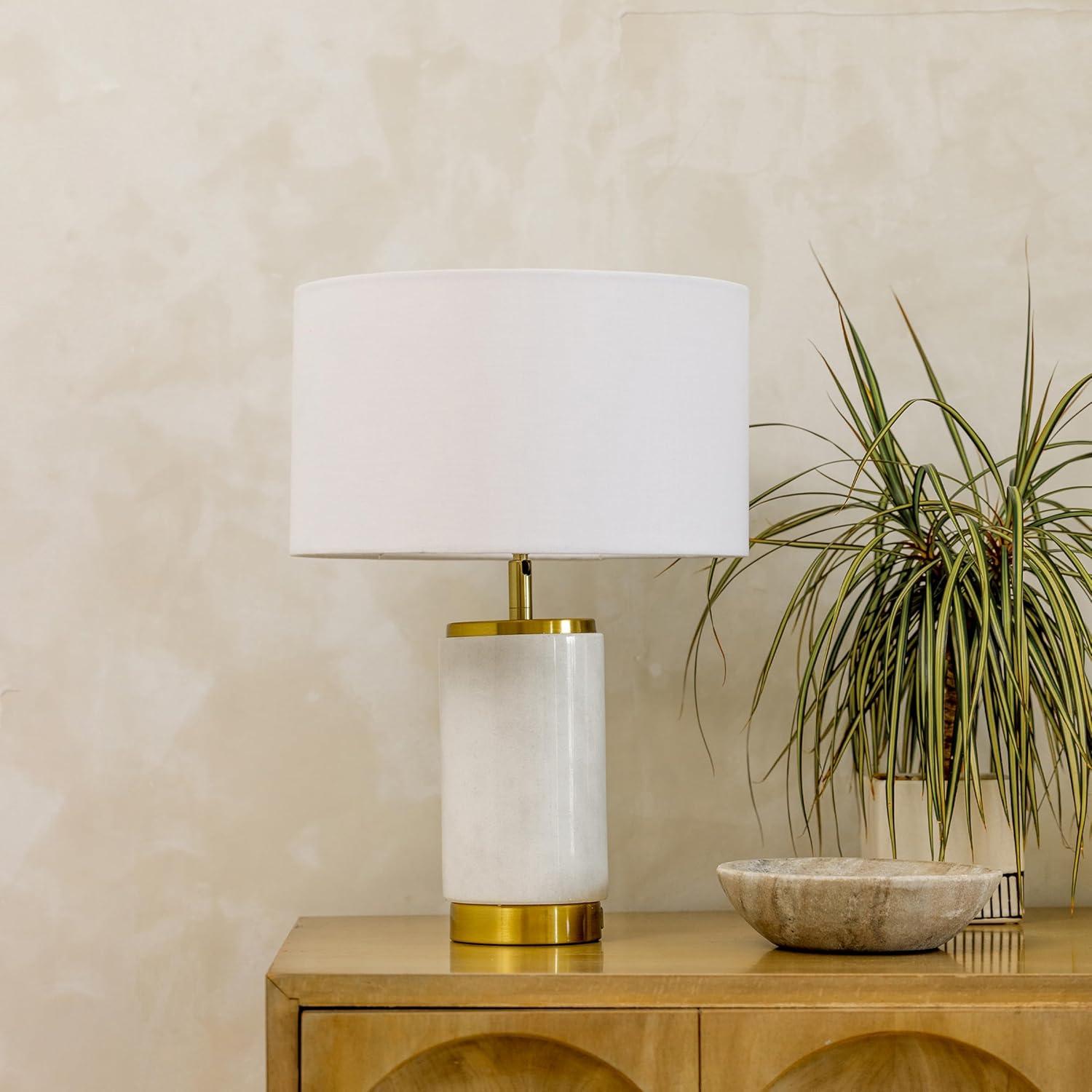 Brightech Arden 17 in. Mid-Century Modern LED Table Lamp with Fabric Drum Shade and USB Port