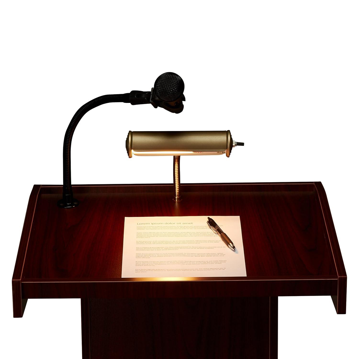 Mahogany and Black Multimedia Workstation Lectern with Brass Lamp