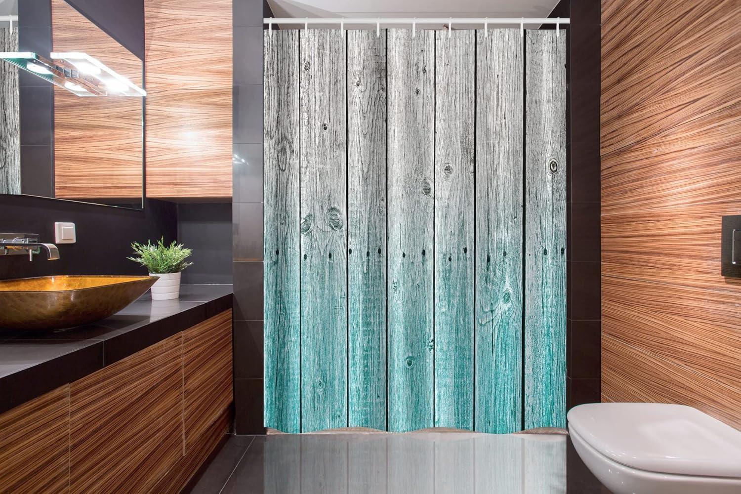 Gray and Teal Fabric Waterproof Shower Curtain with Hooks