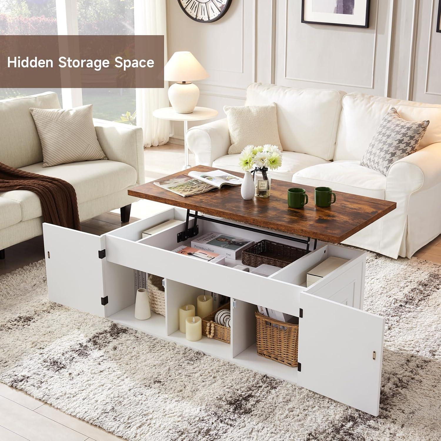 47.3" Lift Top Coffee Table, Farmhouse Coffee Table for Living Room, White Lift Top Coffee Table with Large Hidden Storage Compartment and Sliding Barn Doors, White