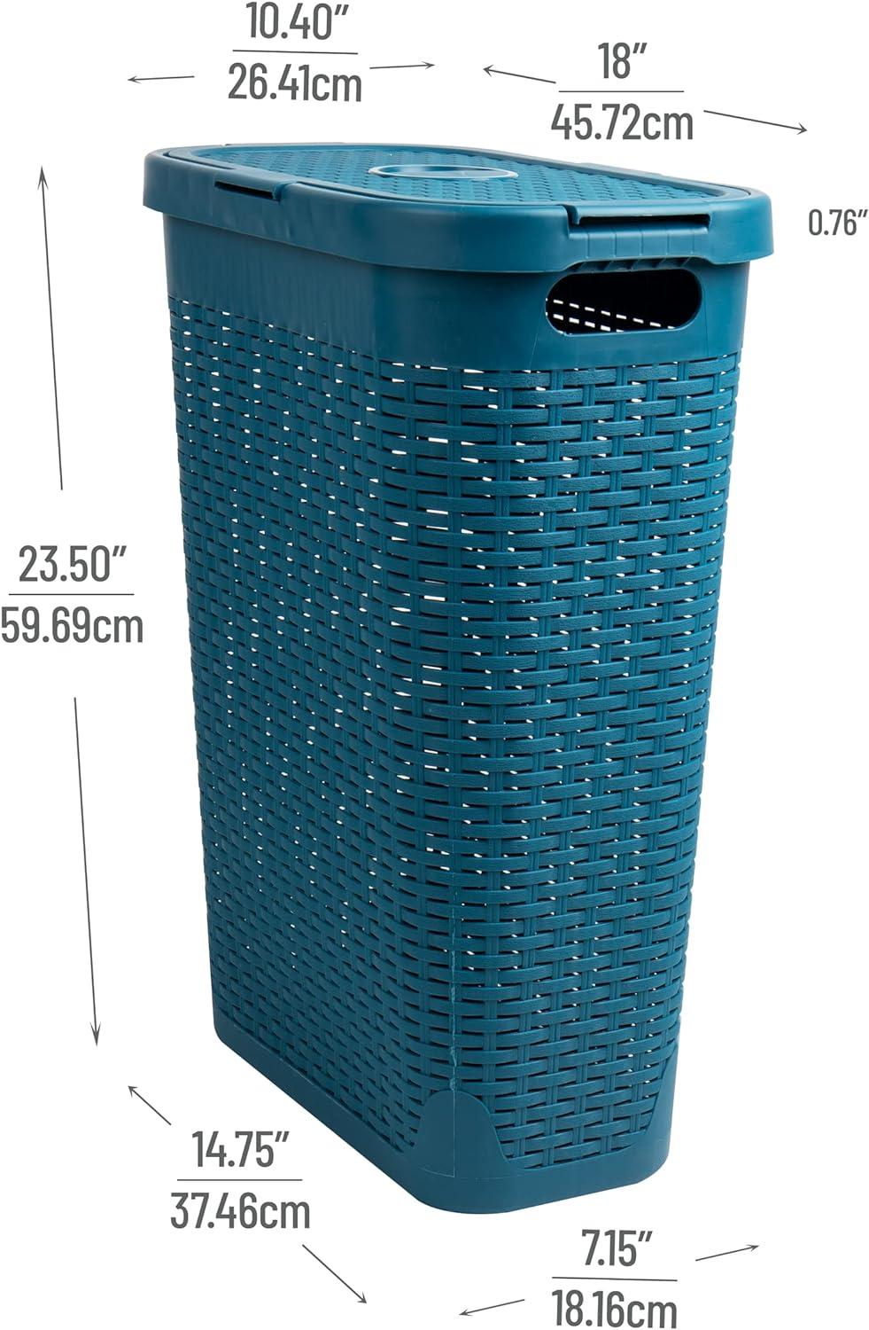 Mind Reader 40L Slim Laundry Hamper, Clothes Basket, Lid, Wicker Design, Plastic, 18"L x 10.4"W x 23.5"H, Set of 2, Blue