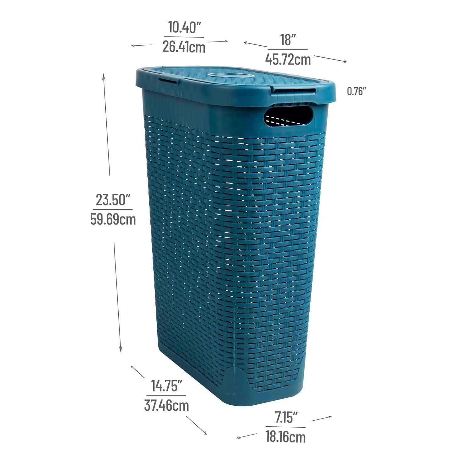 Mind Reader 40L Slim Laundry Hamper, Clothes Basket, Lid, Wicker Design, Plastic, 18"L x 10.4"W x 23.5"H, Set of 2, Blue