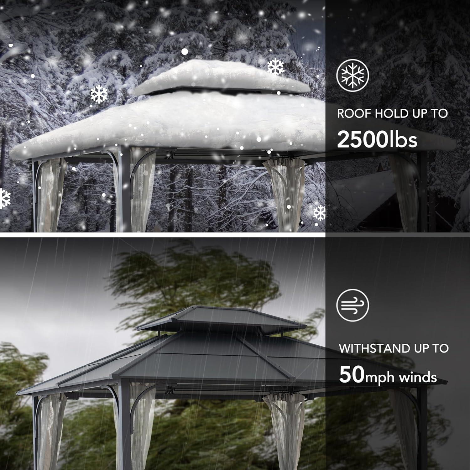 Sunjoy Sunjoy Hardtop Gazebo 10 x 12 ft. Outdoor Gazebo, Heavy Duty Steel Frame Gazebo, Double Roof Metal Gazebo with Ceiling Hook and Removable Netting Sidewalls