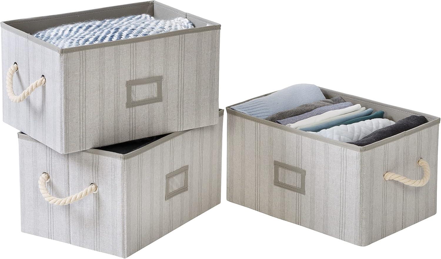 Honey-Can-Do Set of 3 Folding Large Fabric Storage Bins with Handles, Gray Stripes