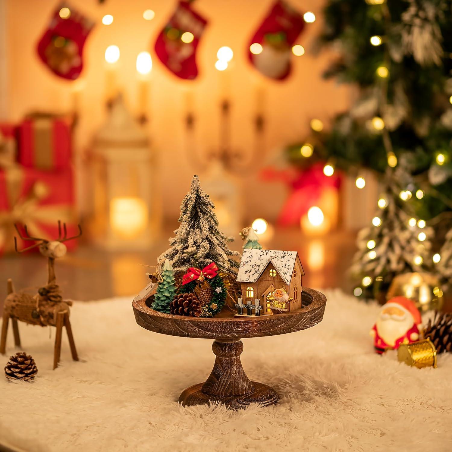 Hanobe Round Wood Display Riser: Rustic Wooden Risers Decorative Pedestal Plate Stand Small Cake Holder Tray for Wedding Birthday Decor