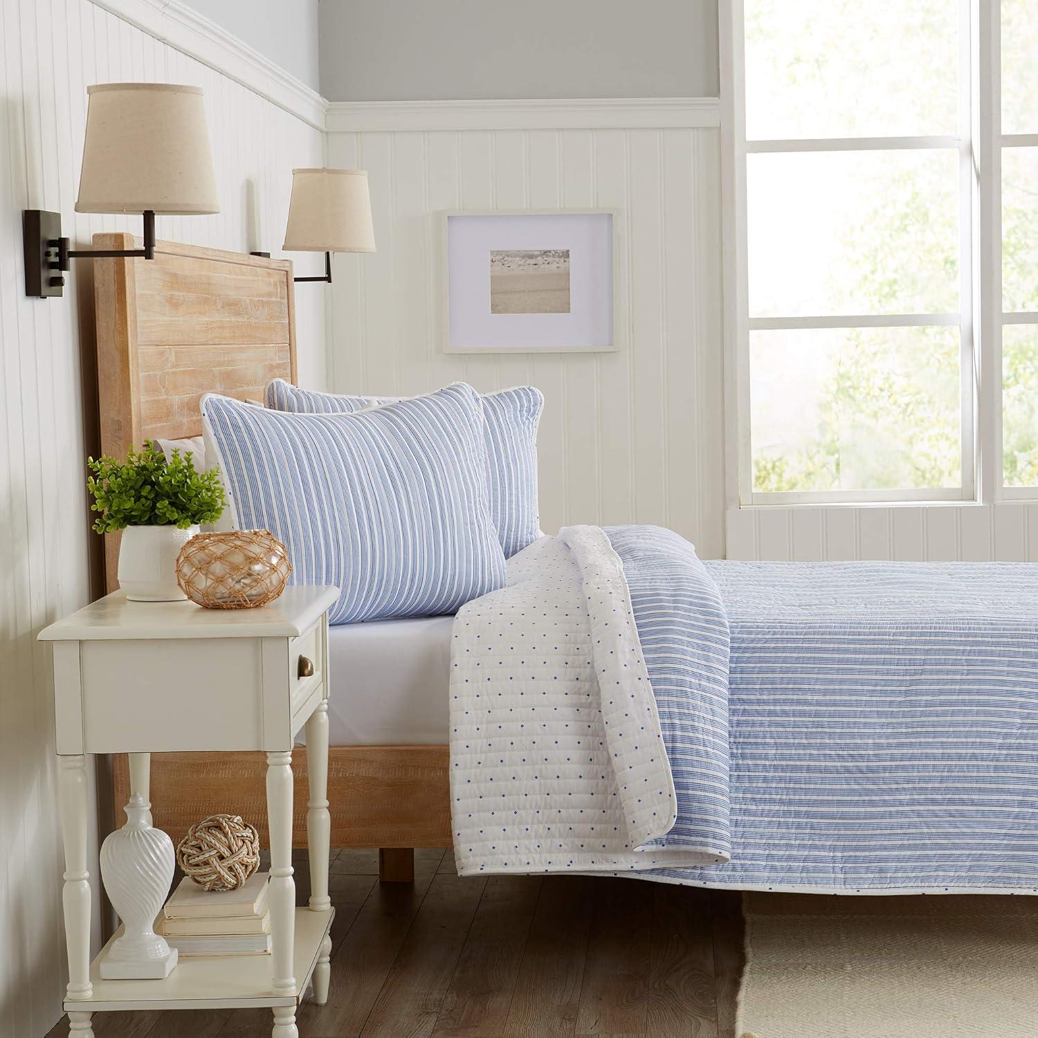 Marcie Blue Striped Twin Microfiber Reversible Quilt Set