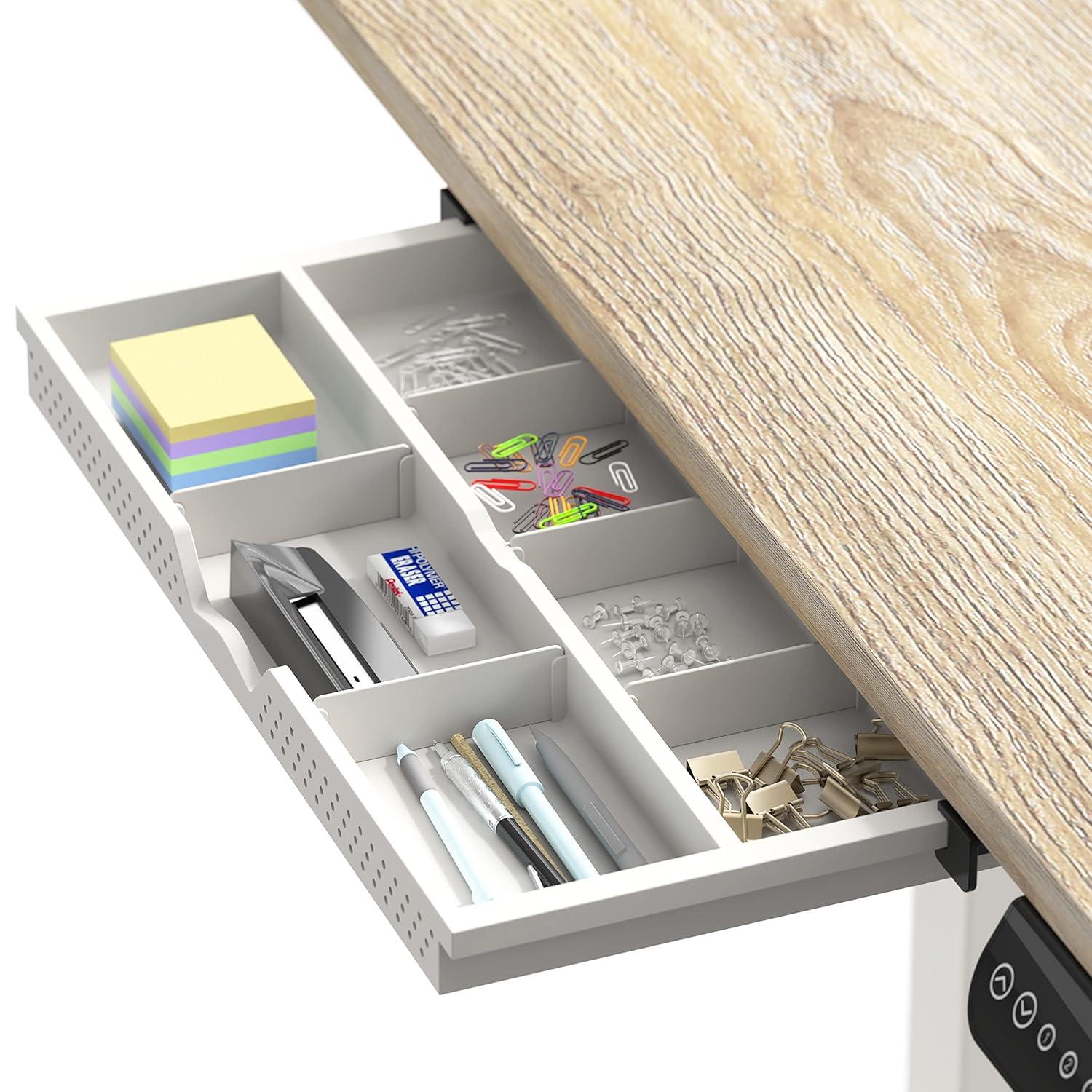 SHW 40-Inch Mobile Electric Height Adjustable Sit to Stand Desk with Drawer, Hanging Hooks and Cable Management, Oak