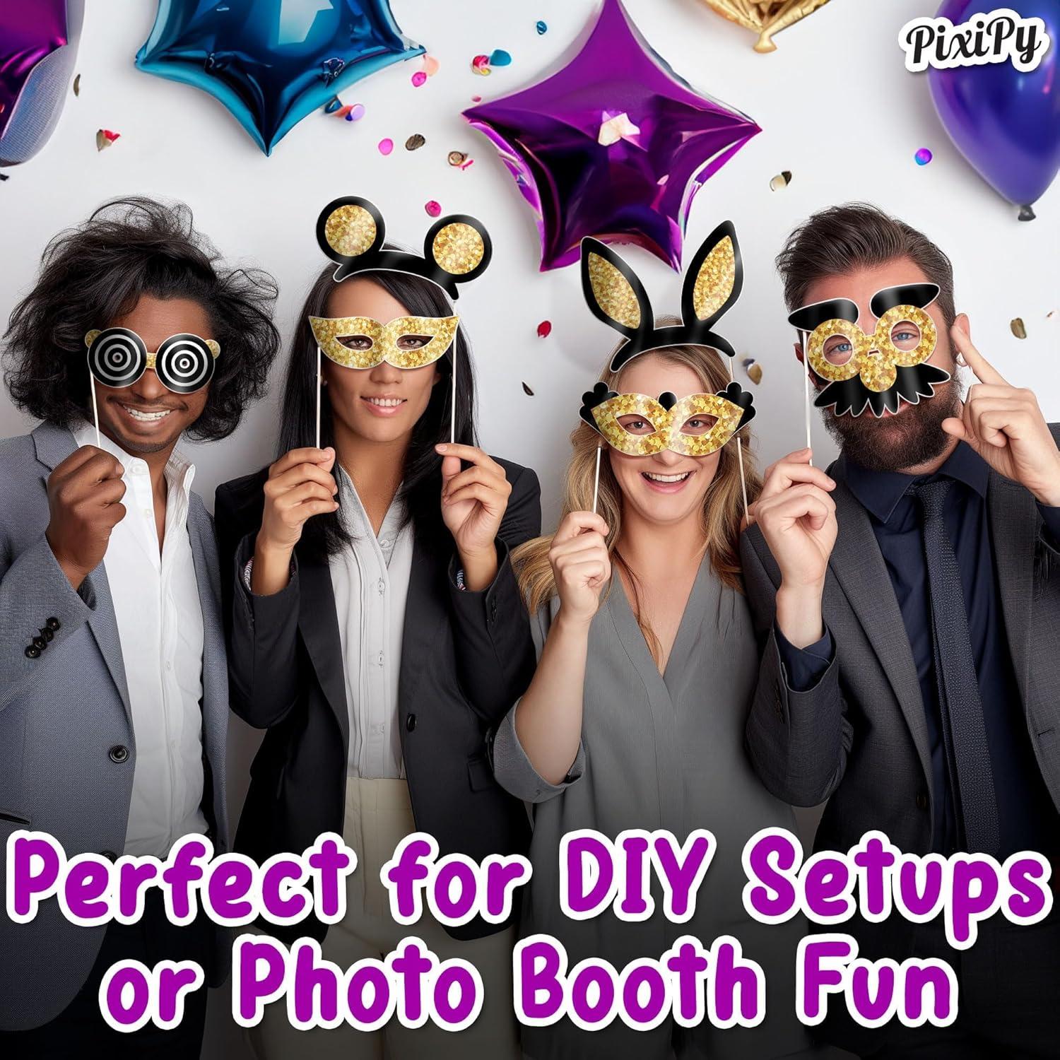 Photo Booth Props Kit, 16 Pcs Black & Gold Party Accessories by PixiPy