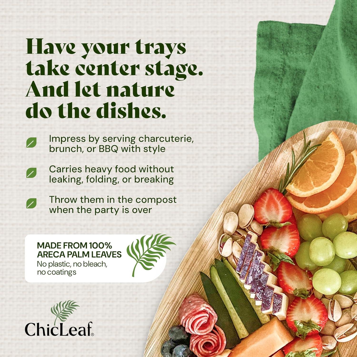 Chic Leaf Disposable Palm Leaf Trays, 17" x 12", 10 Pack, Compostable, Eco-Friendly Platters Charcuterie Board