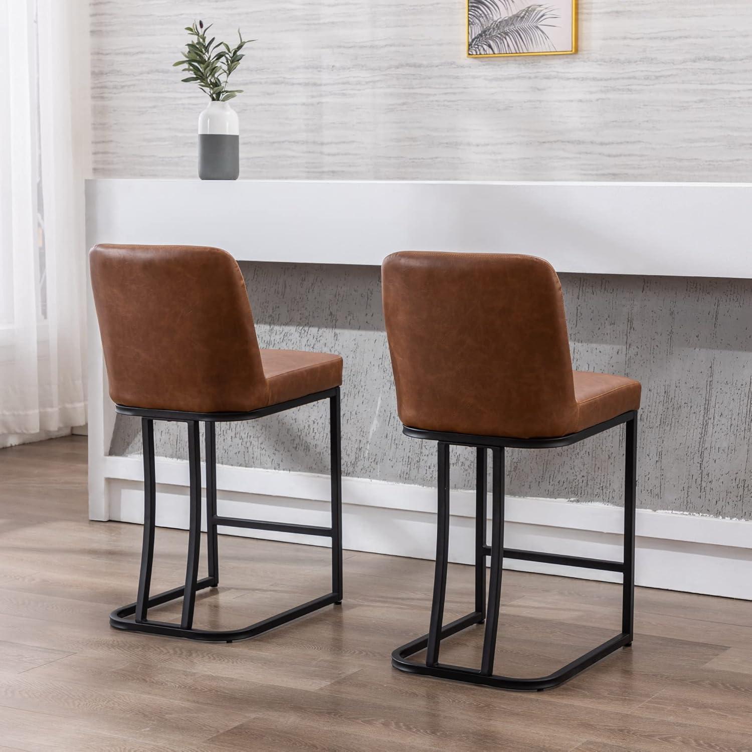 Brown Counter Height Bar Stools Set of 2 for Kitchen Counter 24 Inch Backless Modern Barstools Industrial Upholstered Faux Leather Stools Farmhouse Island Chairs,Support 330 LBS, Brown