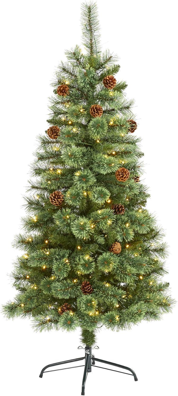 Nearly Natural Pre-Lit LED White Mountain Pine Artificial Christmas Tree with Pinecones Clear Lights