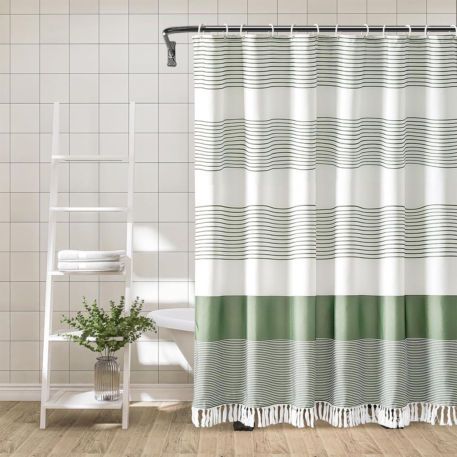 Sage Green and White Striped Fabric Shower Curtain with Pompoms