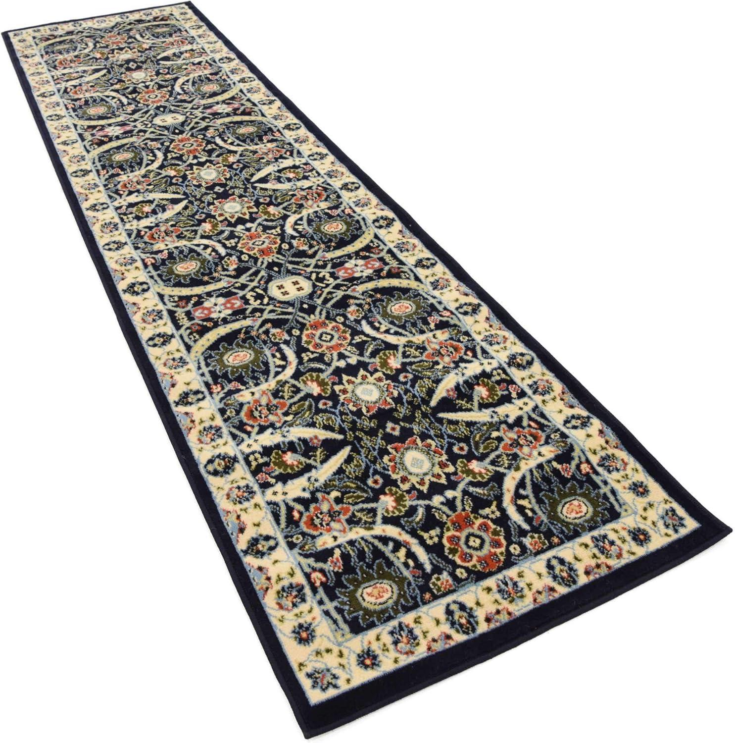 2.5' x 10' Navy Blue and Beige Floral Rectangular Area Throw Rug Runner