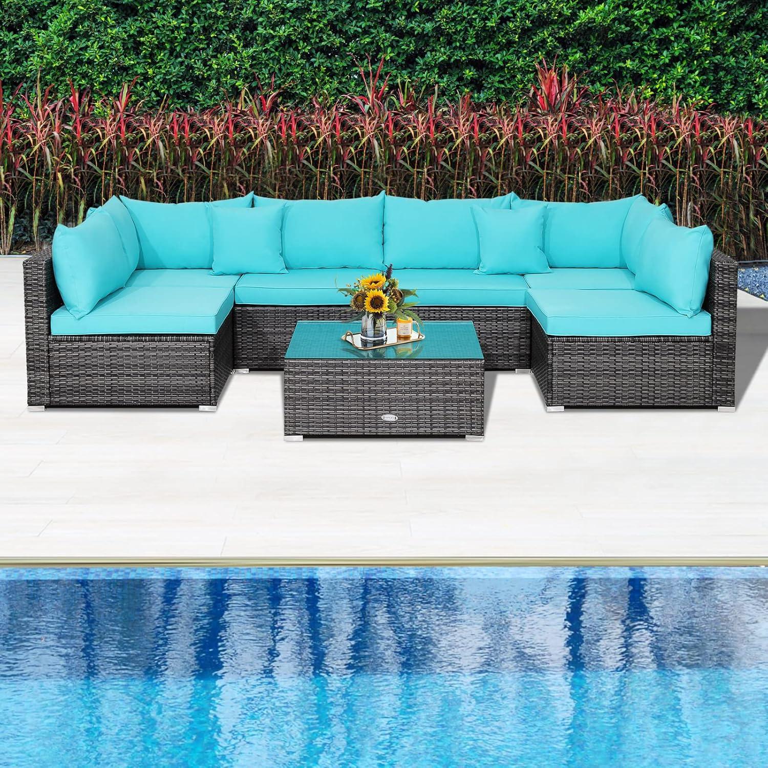 Costway 7PCS Patio Rattan Furniture Set Sectional Sofa Cushioned Turquoise