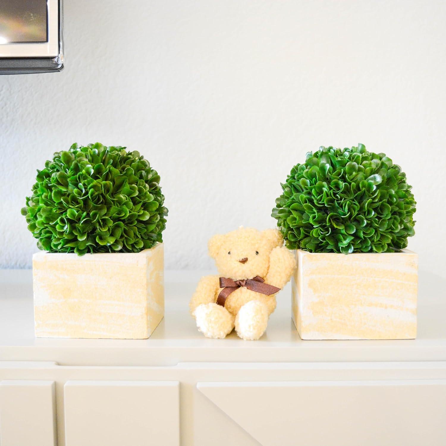 Set of 3 Green Faux Boxwood Ball Topiary Plants in Beige Pots