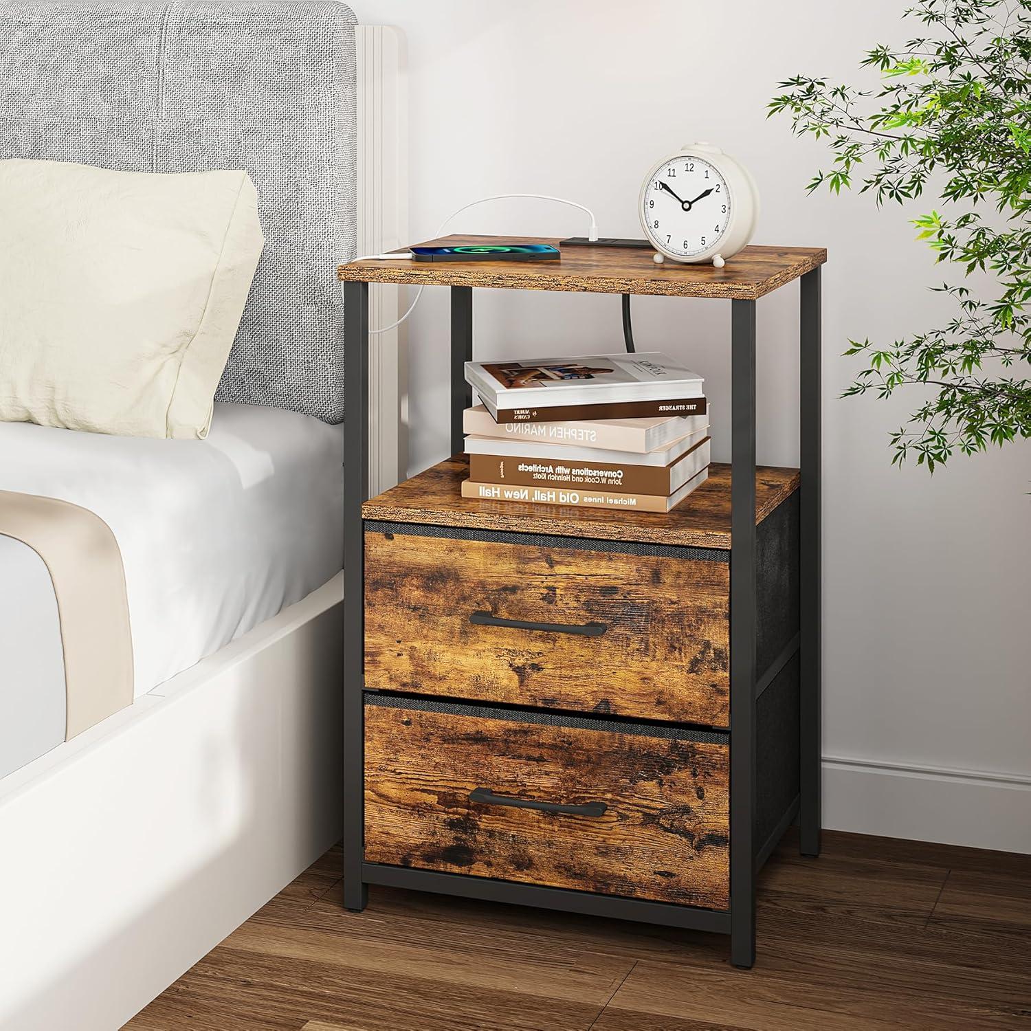 Rustic Brown Wood and Metal End Table with Storage and Charging Station