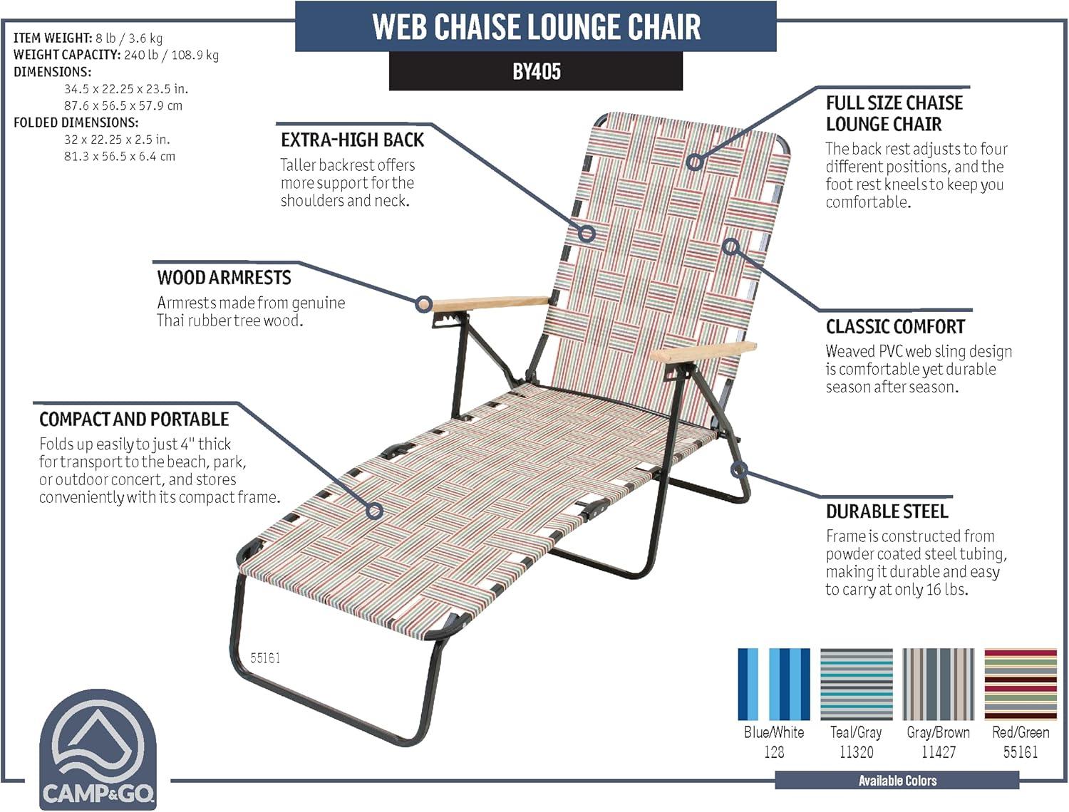 Blue and White Folding Web Chaise Lounge Chair with Wooden Arms