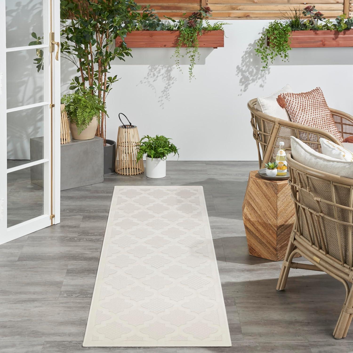 Nourison Trellis Outdoor Runner Rug Ivory White 2' x 6'