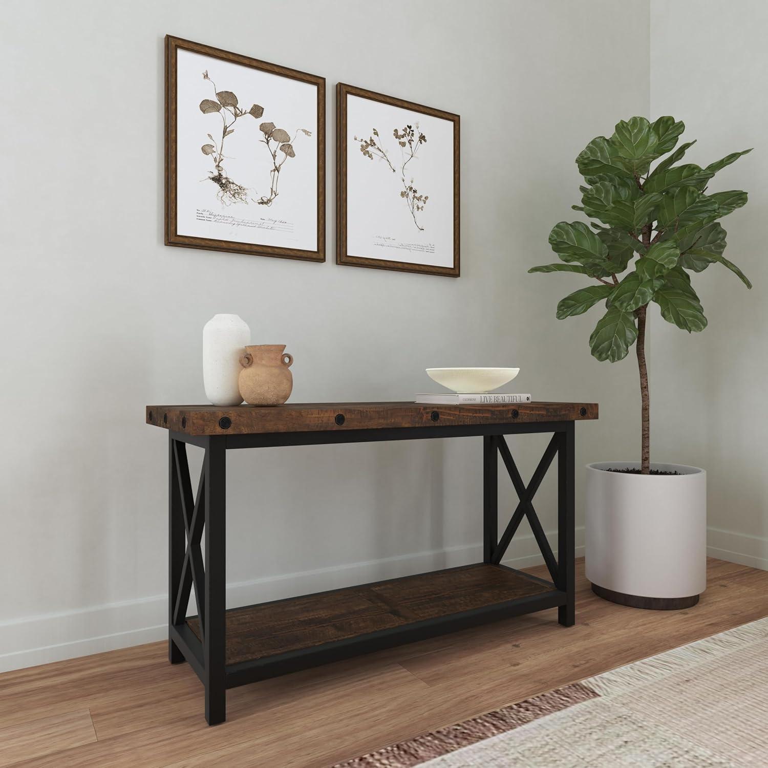 Homestyles Portman Brown Sofa Table with Metal Frame and Exposed Bolt Heads