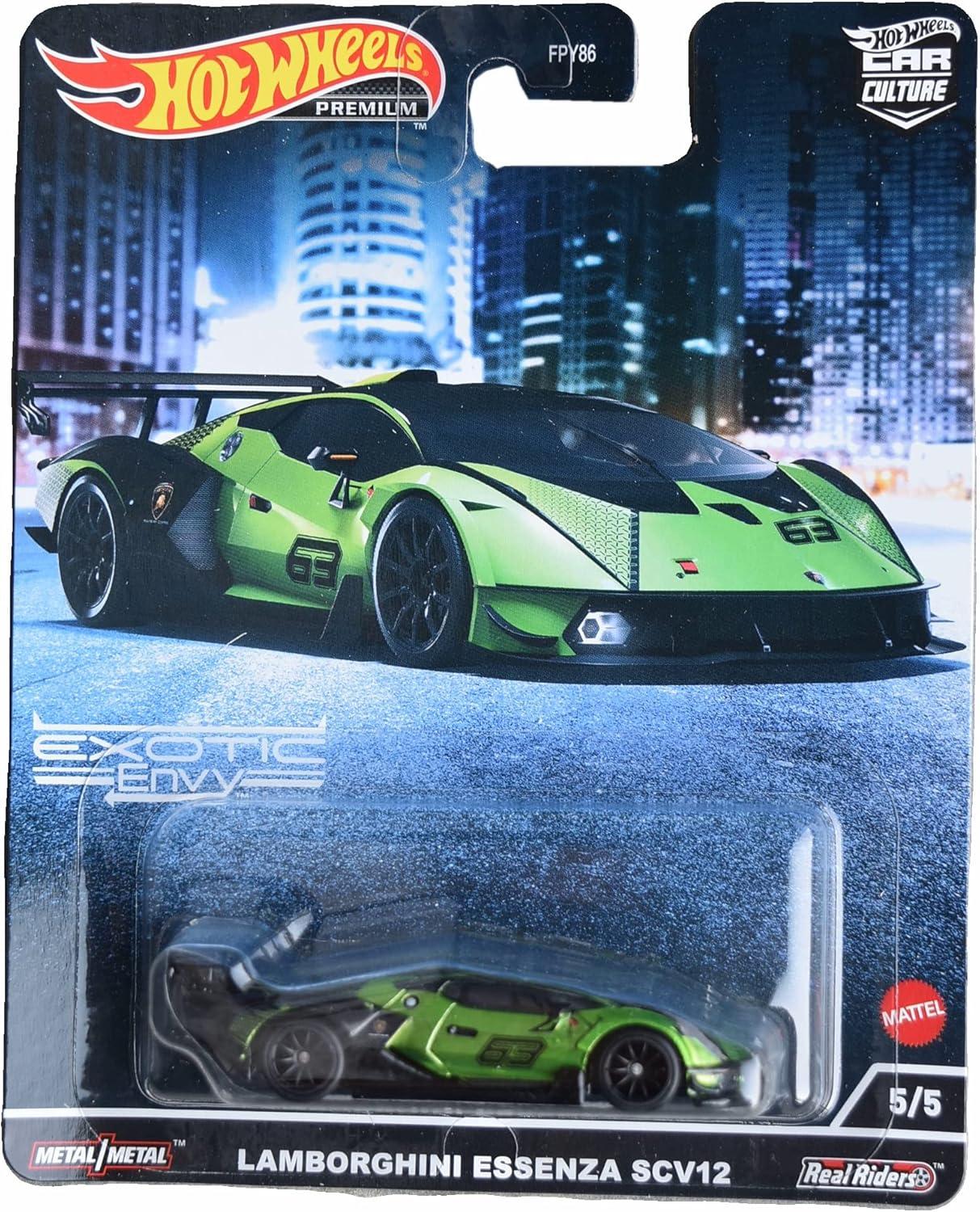 Hotwheels HCJ29 No.63 Lamborghini Essenza SCV12 Green Metallic & Black Exotic Envy Series Diecast Model Car