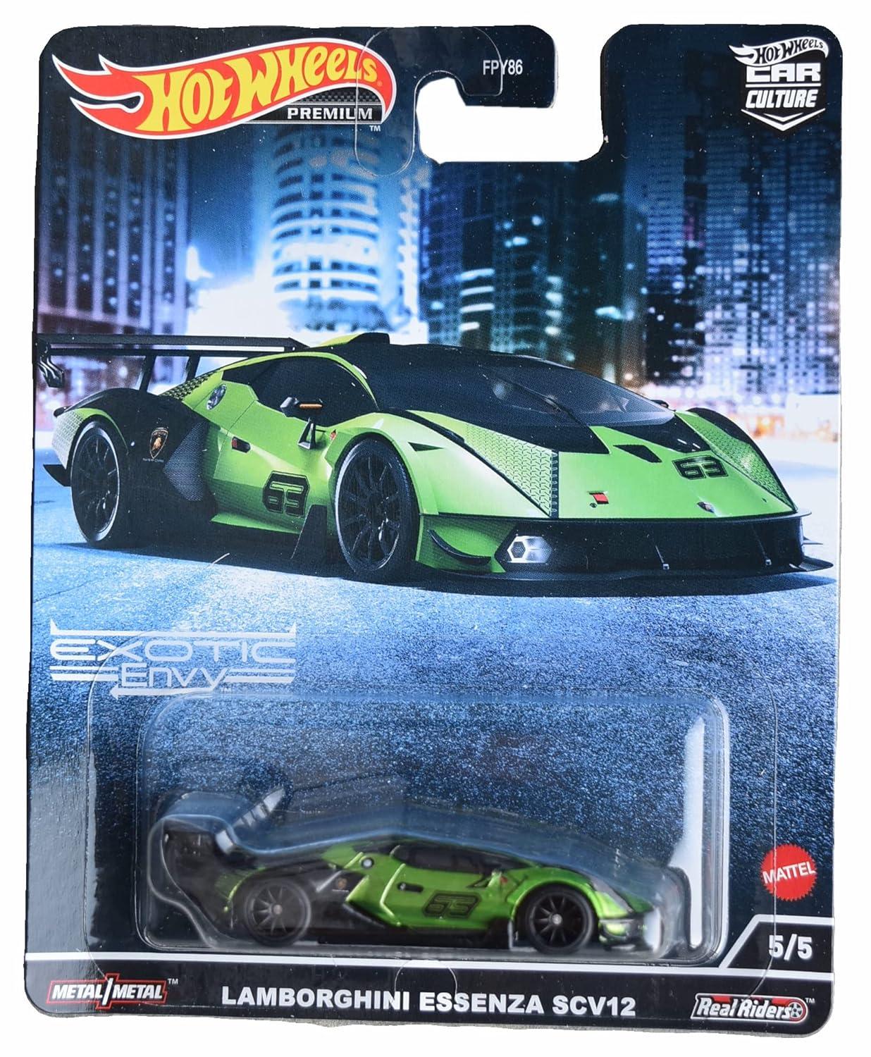 Hotwheels HCJ29 No.63 Lamborghini Essenza SCV12 Green Metallic & Black Exotic Envy Series Diecast Model Car