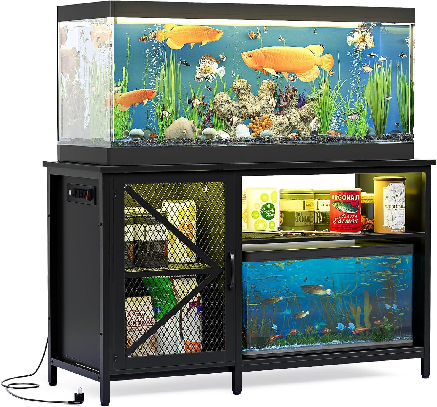 Bestier 55 Gallon Fish Tank Stand Metal Aquarium Stand with Storage Cabinet & Power Outlets LED Light, 750lbs Capacity, Black