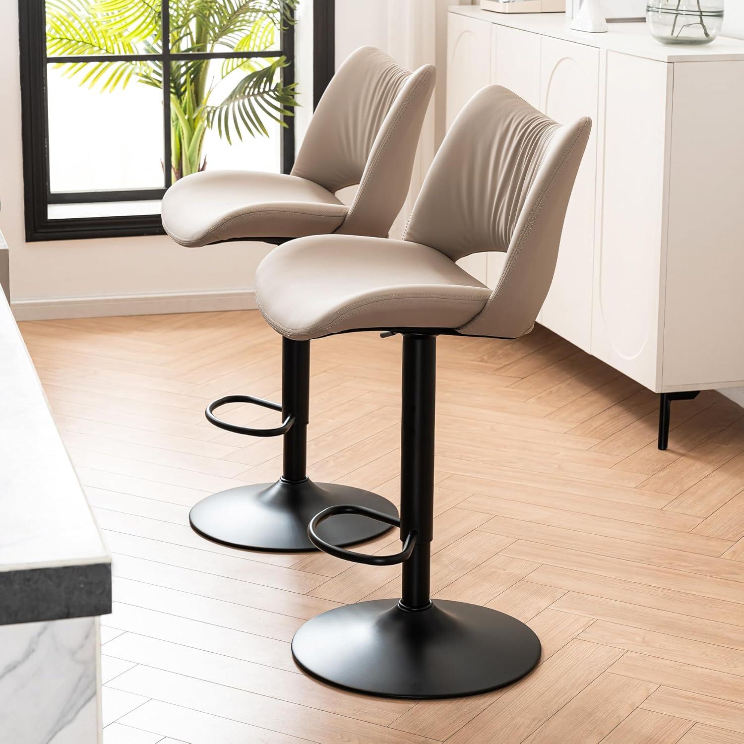 Khaki Adjustable Swivel Faux Leather Bar Stools with Metal Base