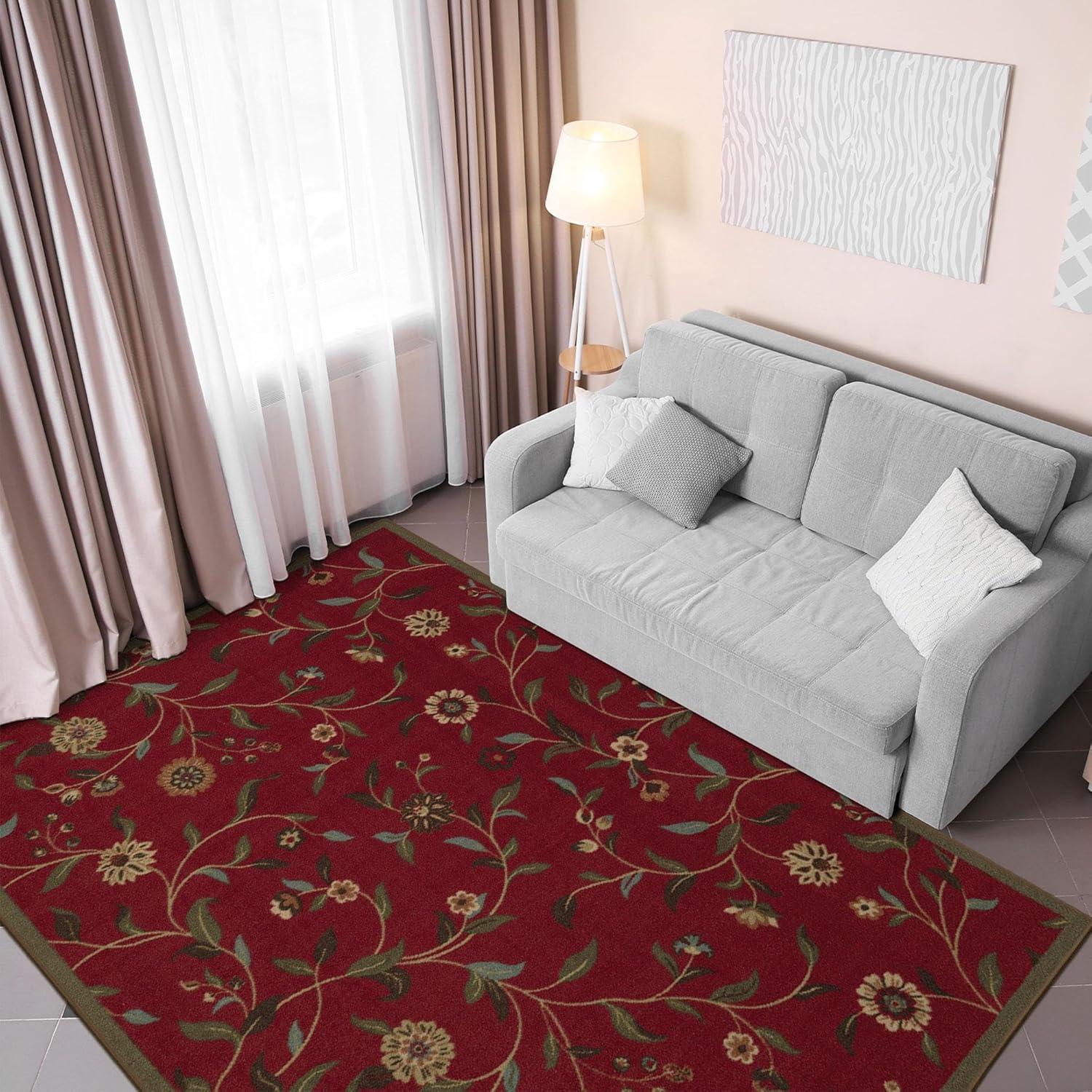 Red Floral Leaves Non-Slip Rubberback 3x5 Area Rug