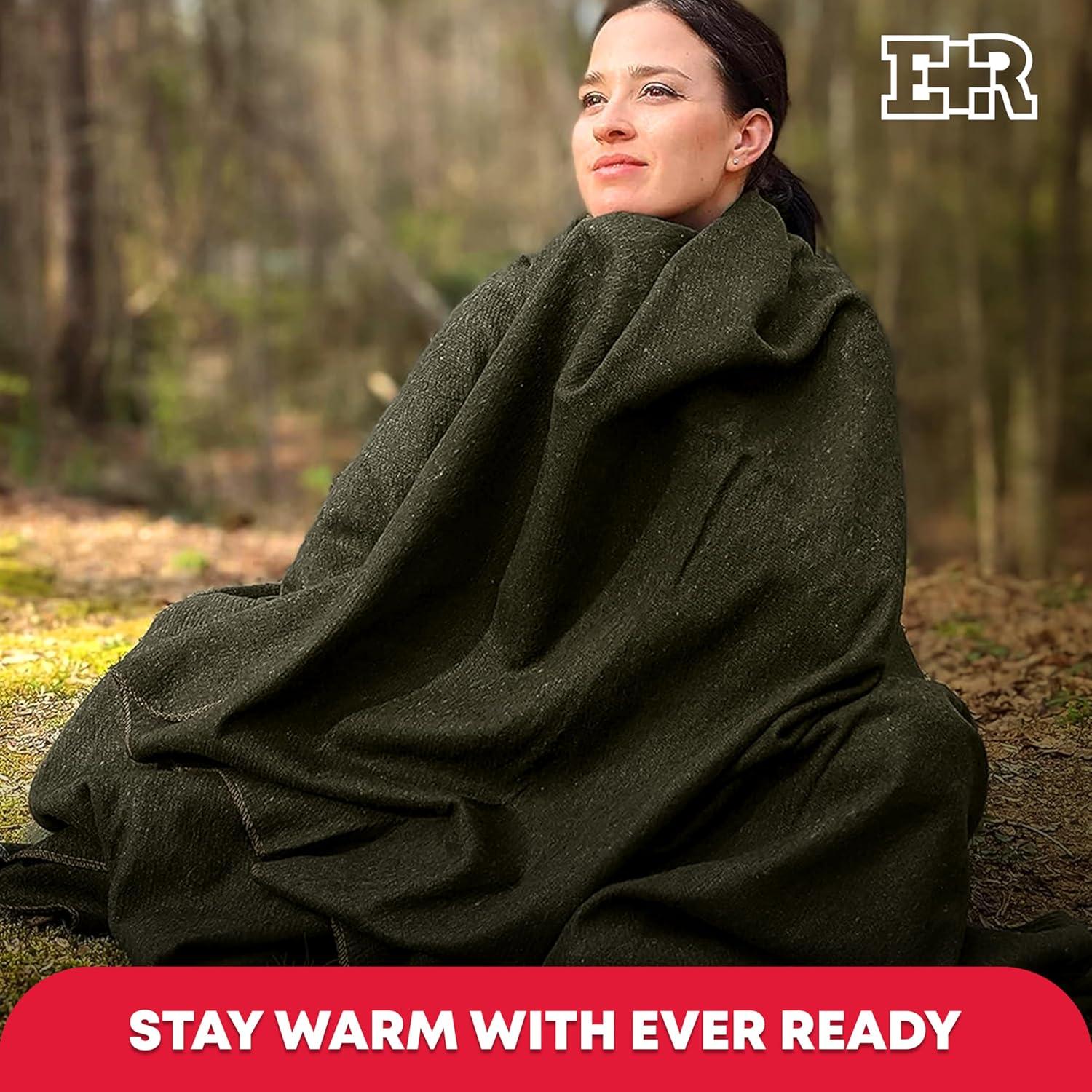 Ever Ready First Aid Military Wool Blanket - Perfect for Outdoors, Camping & Bushcraft Emergency Blanket, 95% Wool - 96" x 66", 5 lbs. - Olive Drab Green â Twin Size