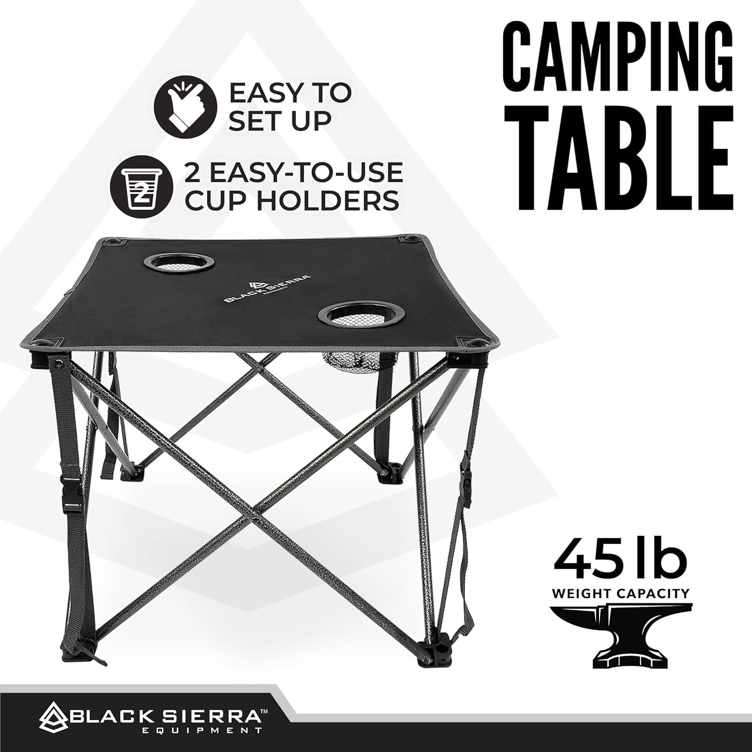 Black Sierra Foldable Camping Table w/ 2 Cup-Holders and Carry Bag, Heavy Duty Frame Supports 45lbs, Perfect for Tailgating, Compact for Storage & Transportation, Portable Outdoor Folding Table