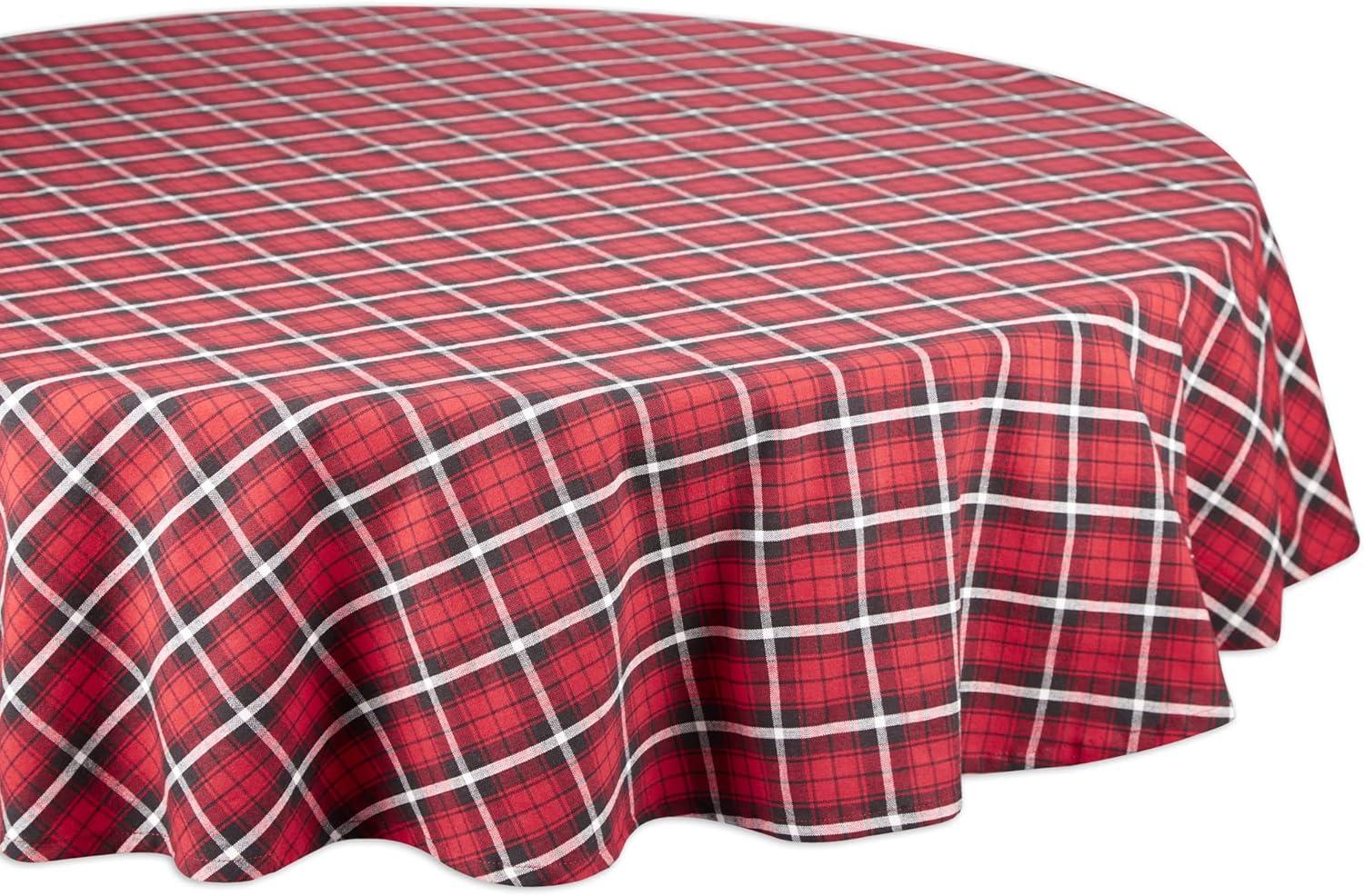 Red Plaid Cotton Round Winter Tablecloth, 70"