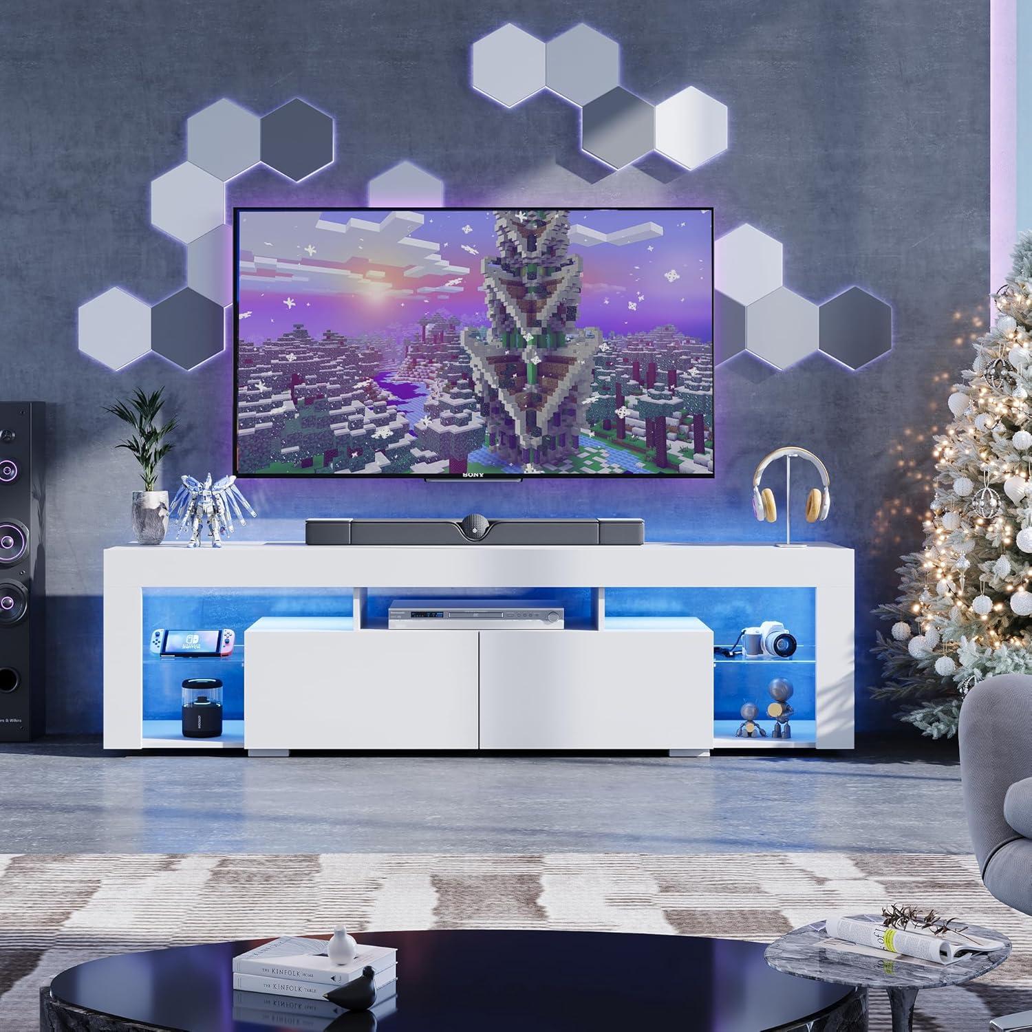 White Modern LED TV Stand with Drawers and Shelves