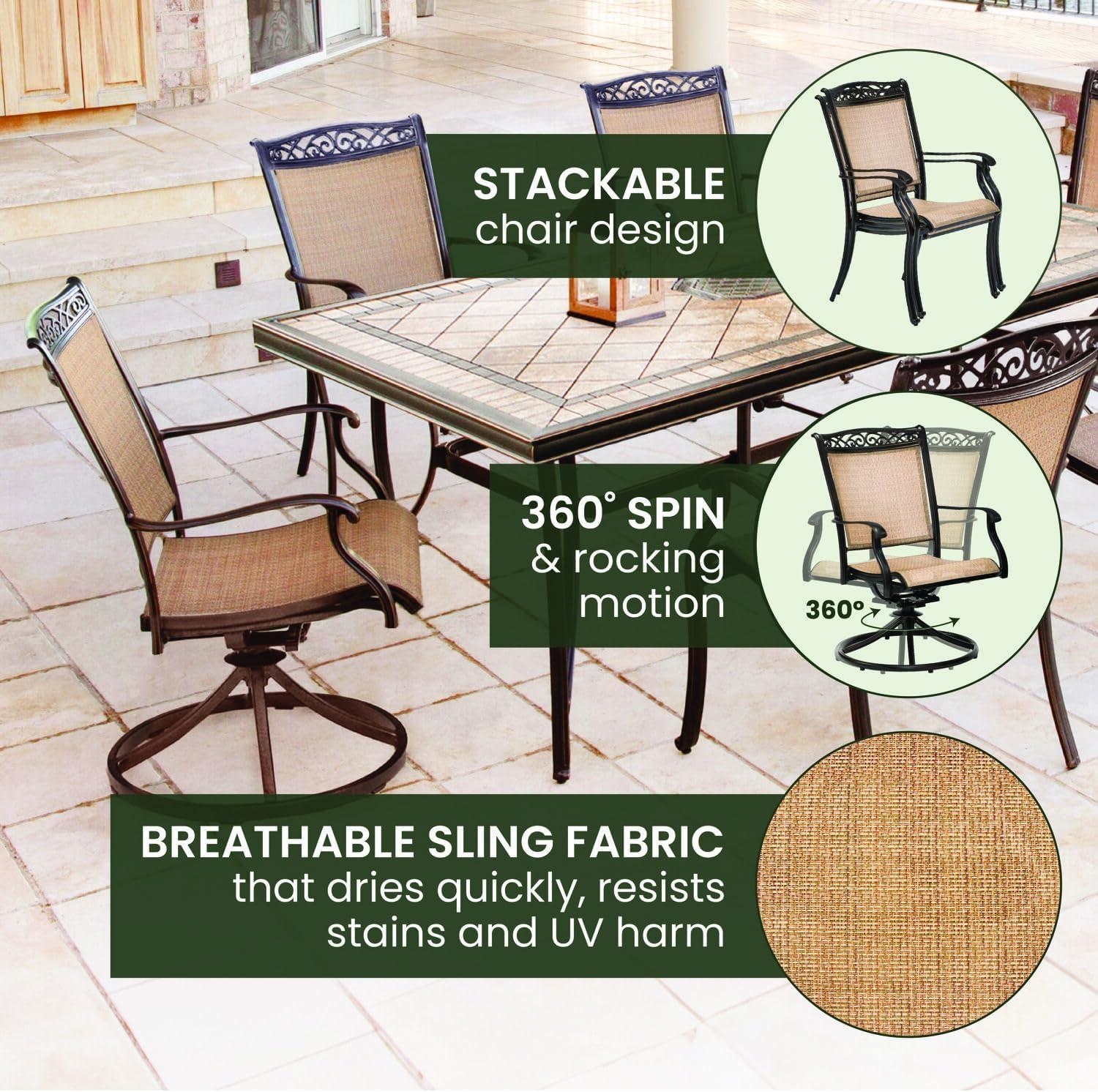 Hanover Fontana 7-Piece Outdoor Dining Set with 2 Sling Swivel Rockers, 4 Sling Chairs, and a 38-In. x 72-In. Cast-Top Table