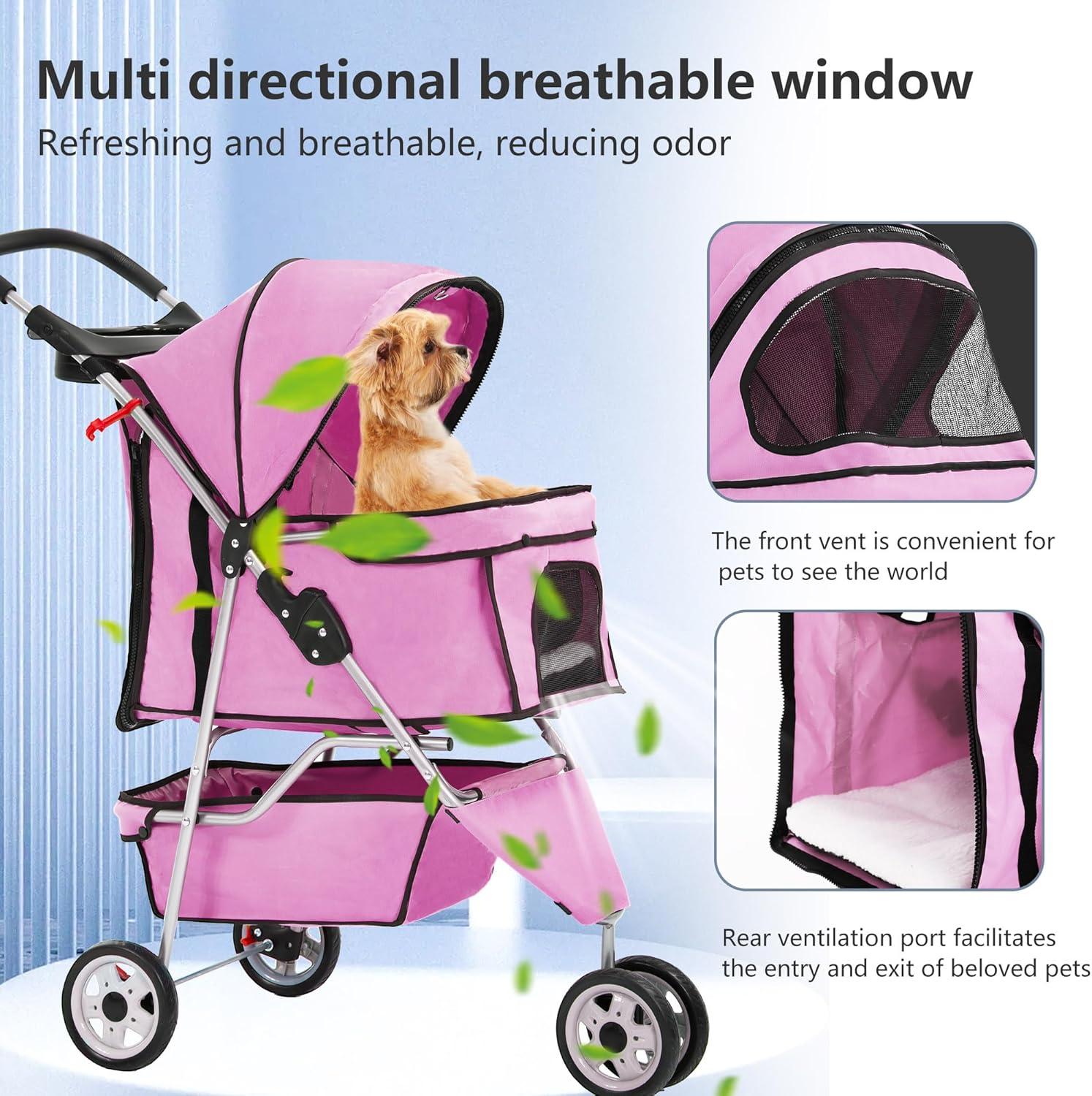 Pink 3-Wheel Foldable Waterproof Dog Stroller with Storage