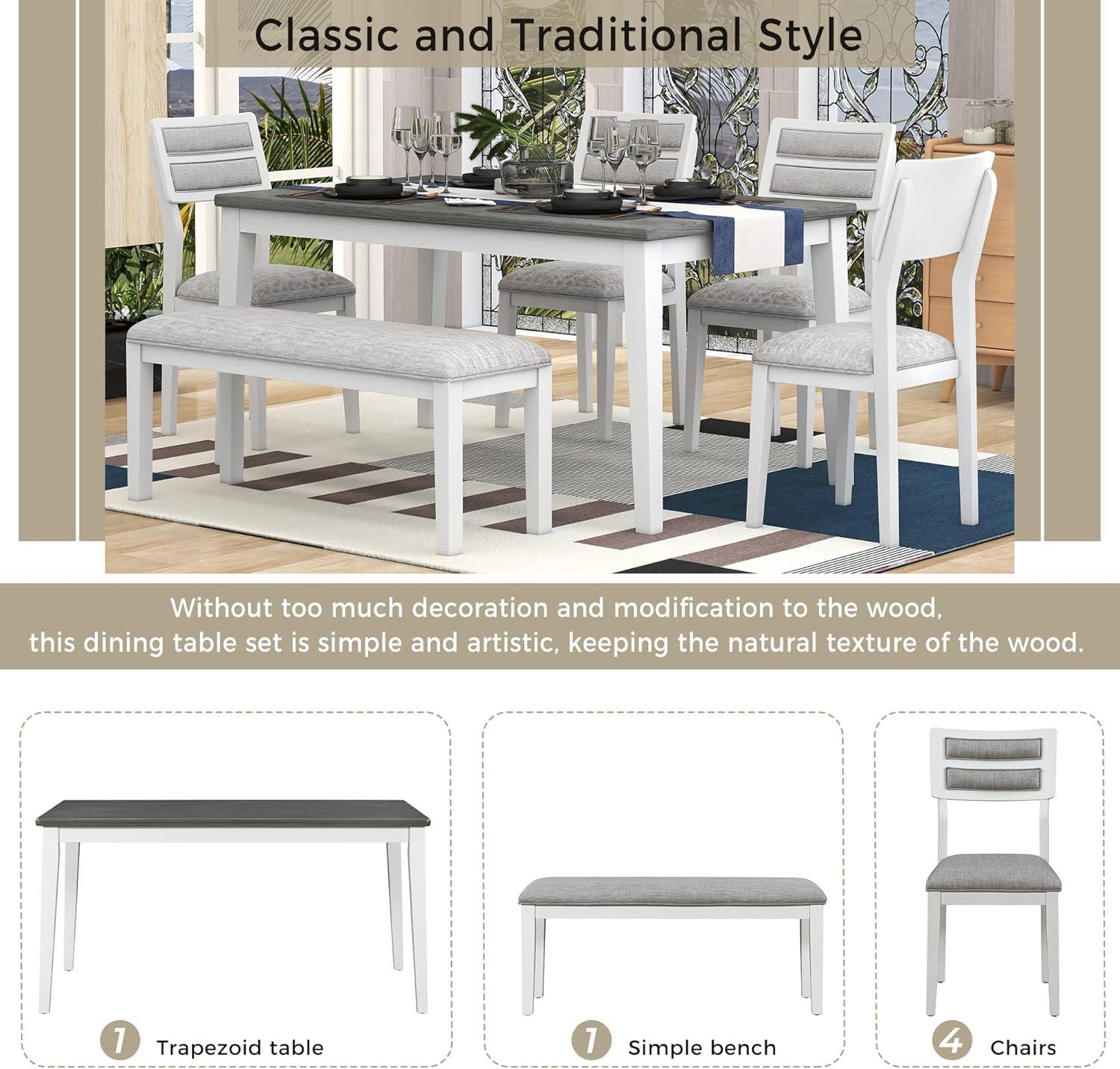 Traditional Rectangular Dining Table Bench and Chairs, 6-Piece Kitchen Dining Room Table Set with Padded Seat & Backrest, Standard Height (White Gray)