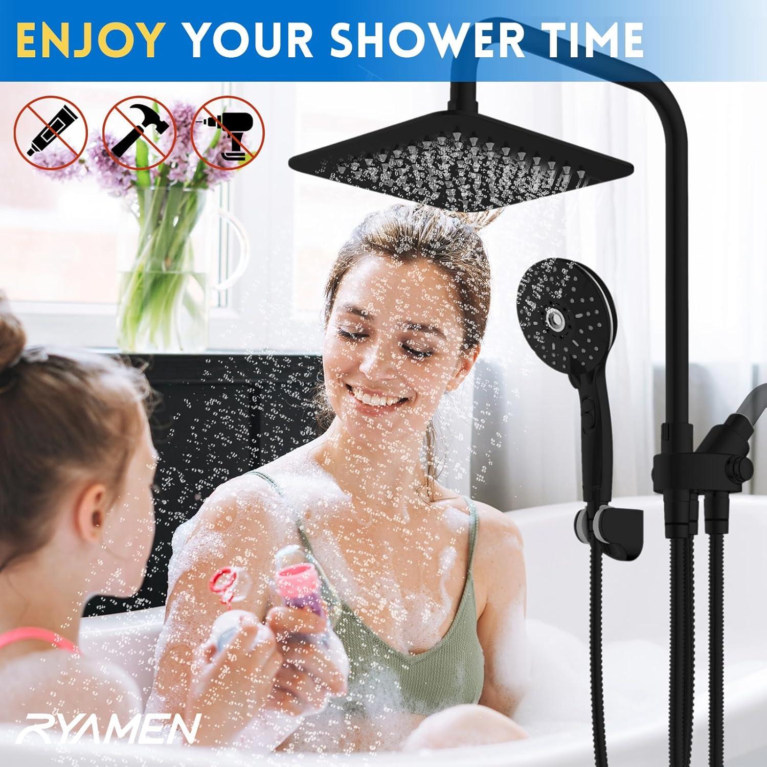 8" Dual Shower Head Combo, Rainfall Shower Head with Handheld, 6 Spray Settings Angle Adjustable Handheld Shower Head with Pause, Height Adjustable, Matte Black