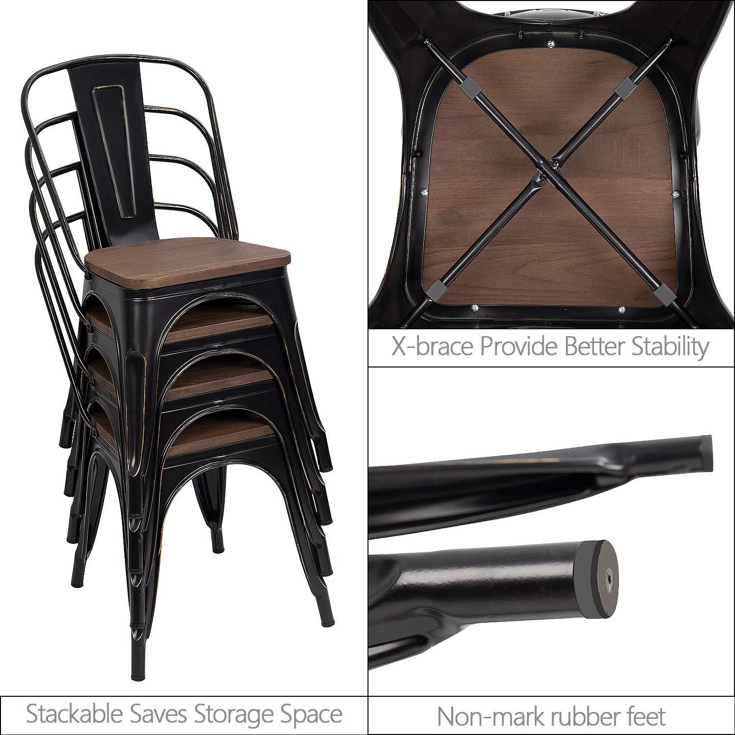 Furmax Metal Dining Chair Indoor Outdoor Use Stackable Chic Side Classic Trattoria Metal Chairs Set of 4 for Kitchen, Dining Room, Bistro and Cafe (Distressed White)