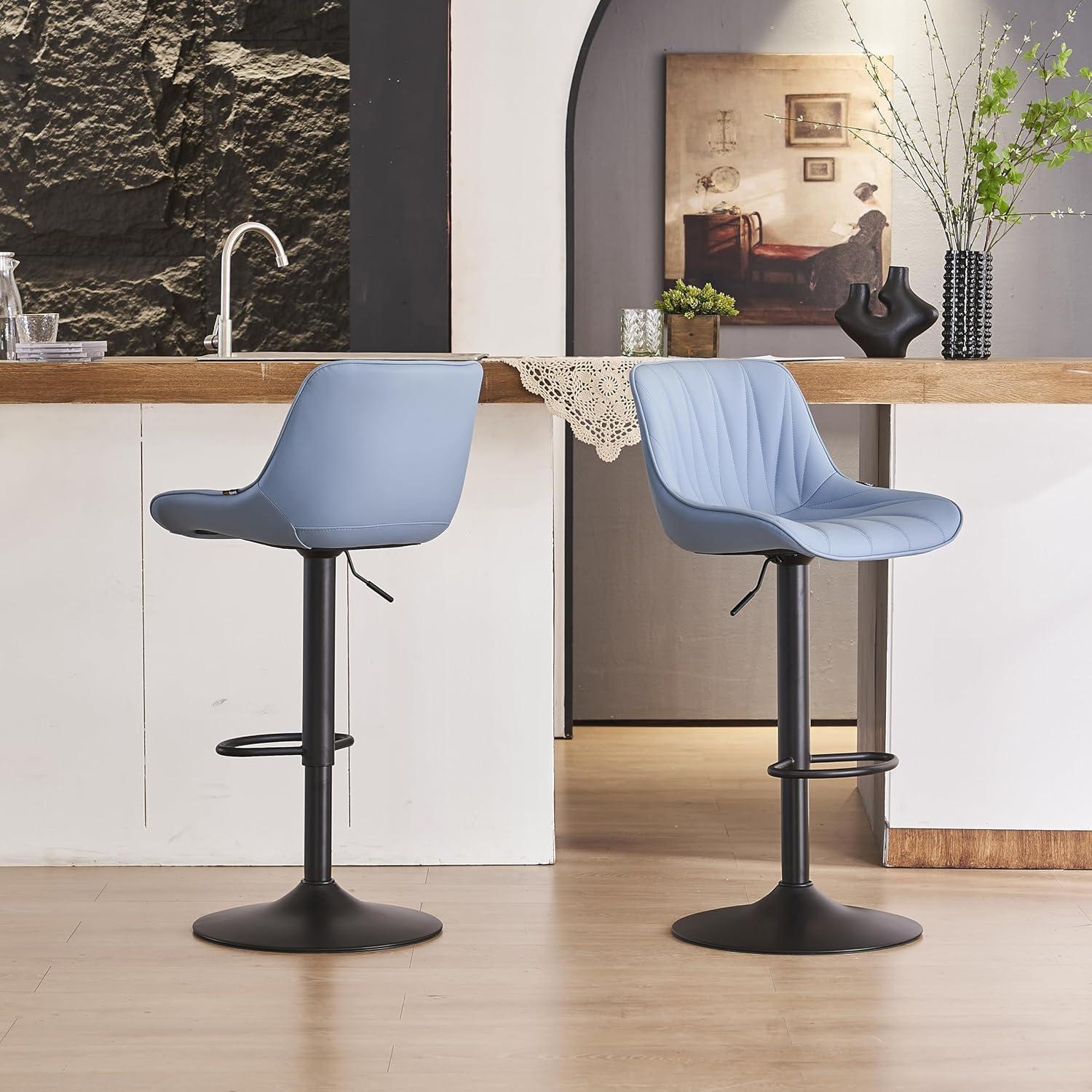 Blue Faux Leather Adjustable Swivel Bar Stools with Metal Base