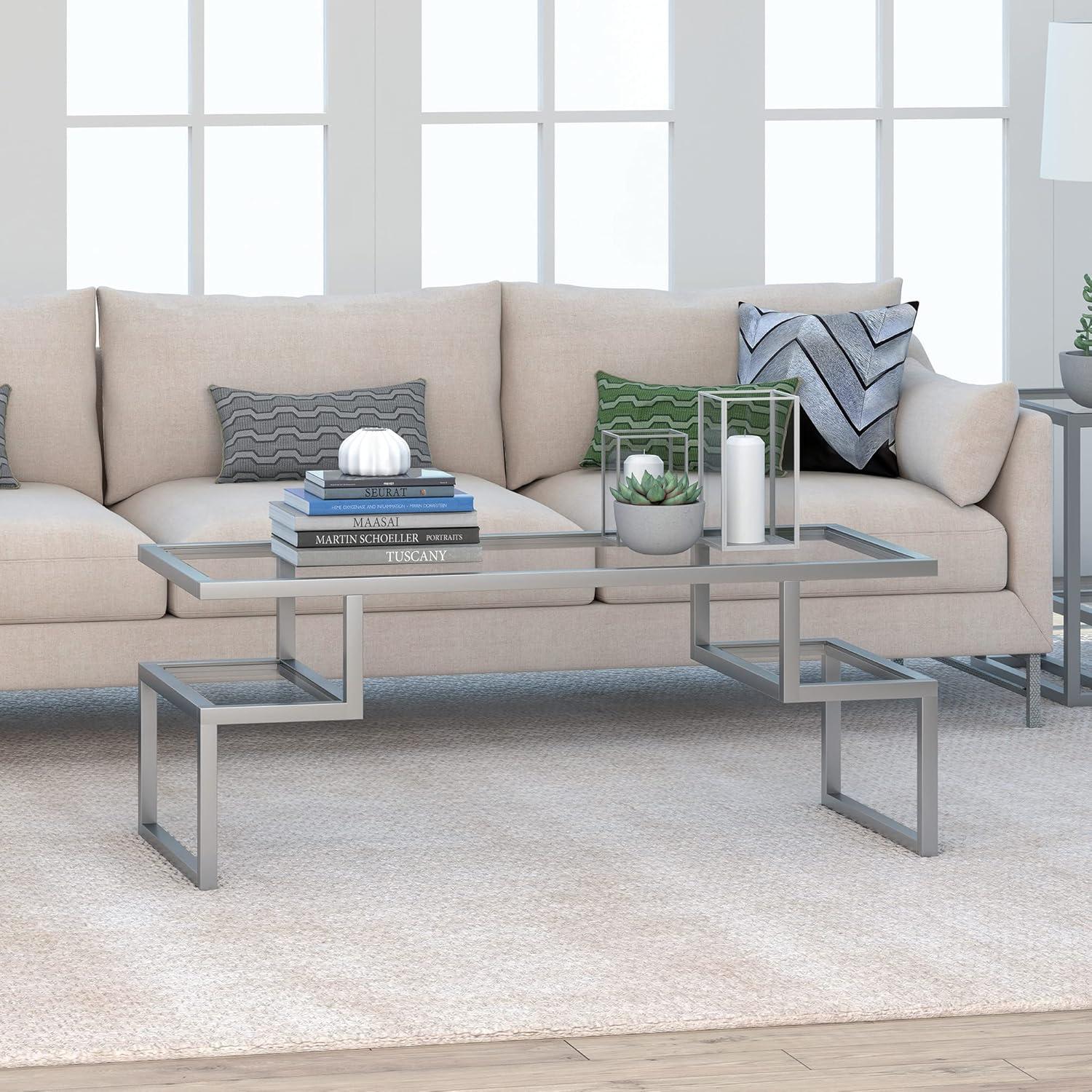 Zander Nickel Finish Rectangular Coffee Table with Tempered Glass Top